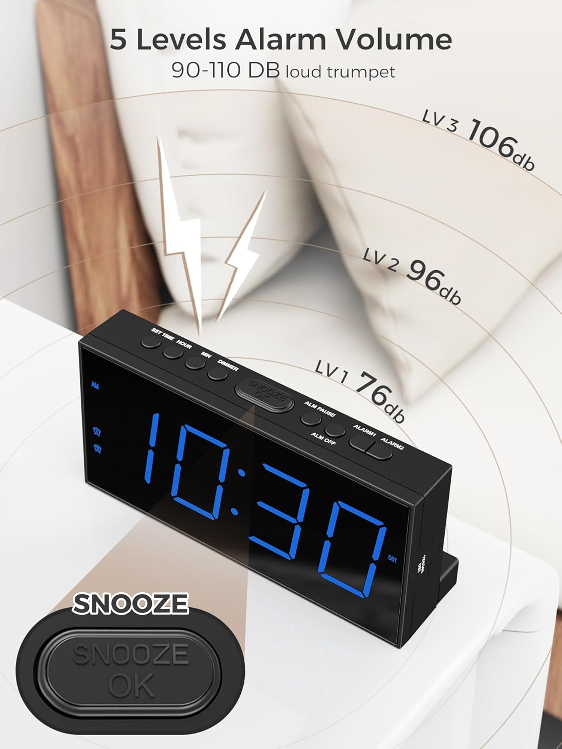 Digital Dual Alarm Clock for Bedroom, Large Display Bedside with Battery Backup, USB Phone Charger, Volume, Dimmer, Easy to Set Loud LED Heavy Sleepers Kid Senior Teen Boy Girl Kitchen