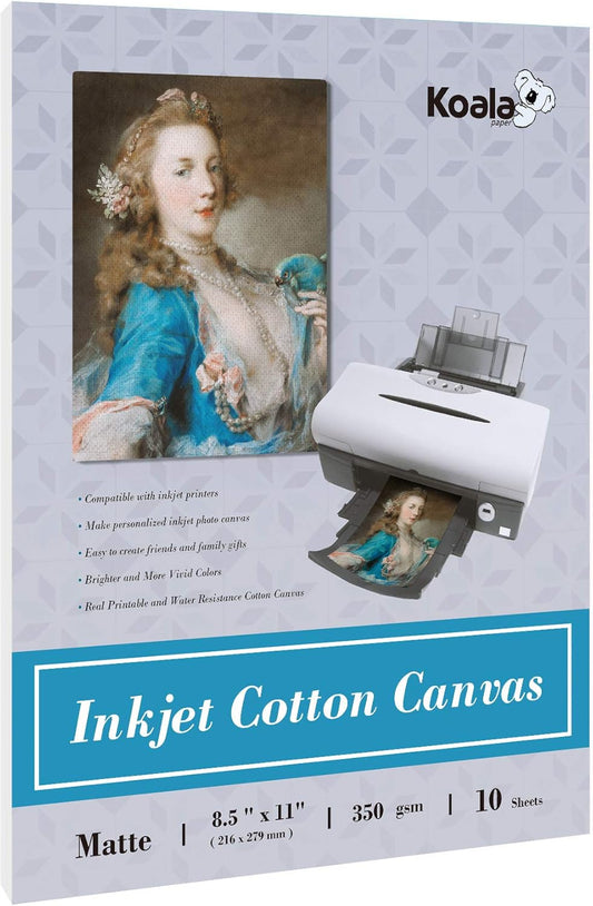 Koala 100% Printable Cotton Canvas Fabric Sheets for Inkjet Printer 8.5X11” Matte Thick 17mil 10 Sheets