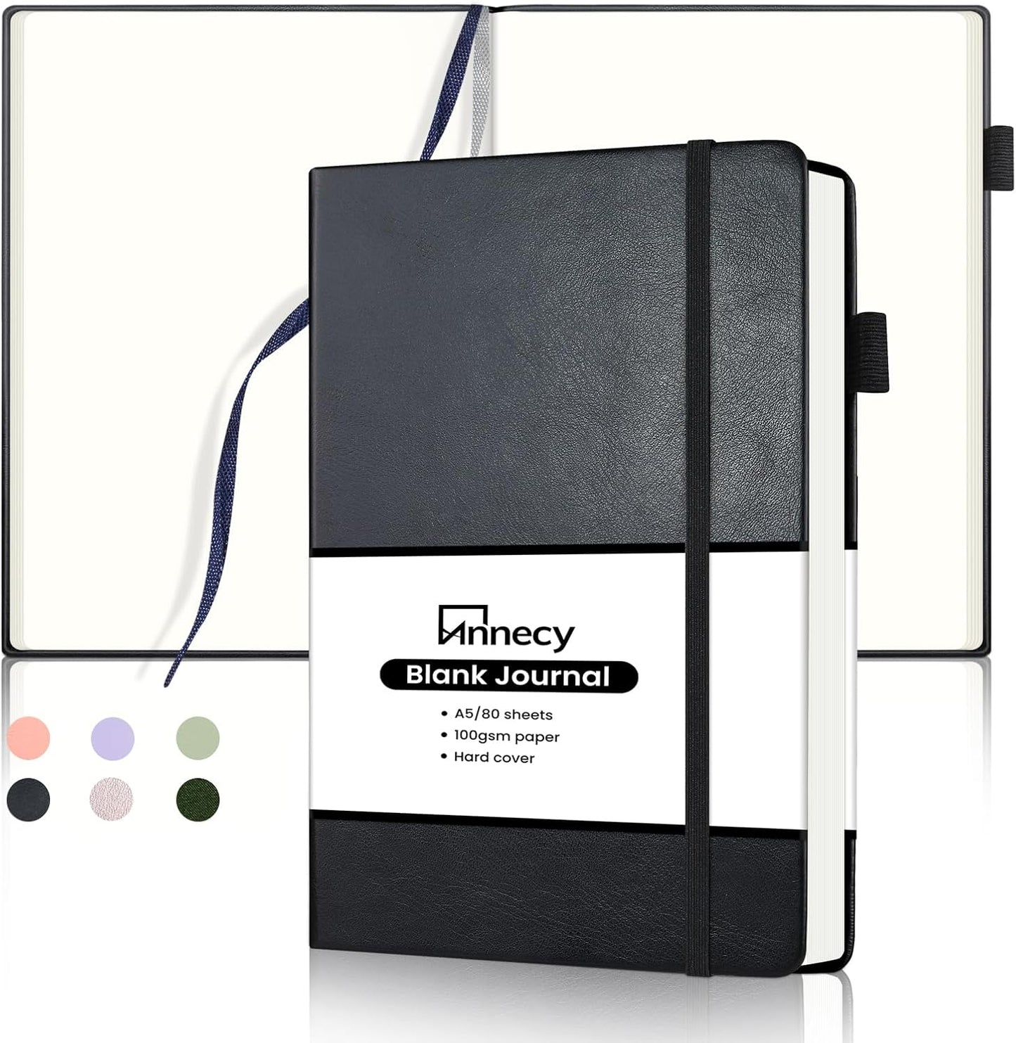 Annecy Blank Journal Notebook, Medium 5.5x 8.25, 160 Pages 100GSM Writing Paper, A5 Black Faux Leather Cover with Pen Loop