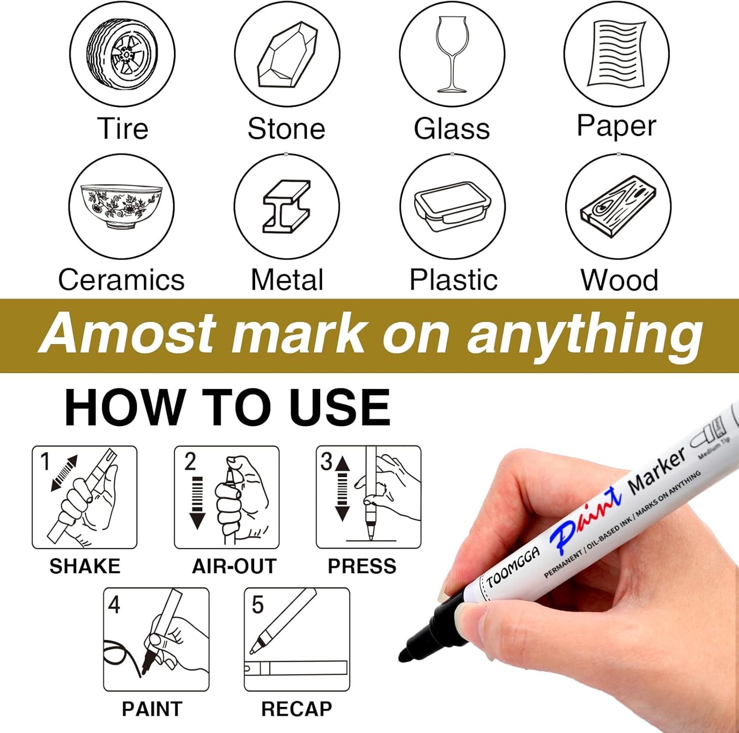 Black Paint Pens Permanent Paint Markers - 8 Pack Oil Based Marking Pens, Medium Point, Quick Drying and Waterproof Pens for Rock Painting Car Tyre Metal, Plastic, Canvas, Wood