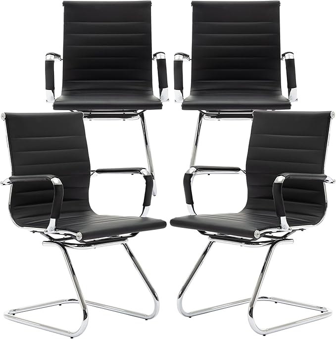 Black Office Desk Chair No Wheels Set of 4 PU Leather Computer Chairs Mid Back Guest Chairs for School Reception Conference Waiting Room, Black