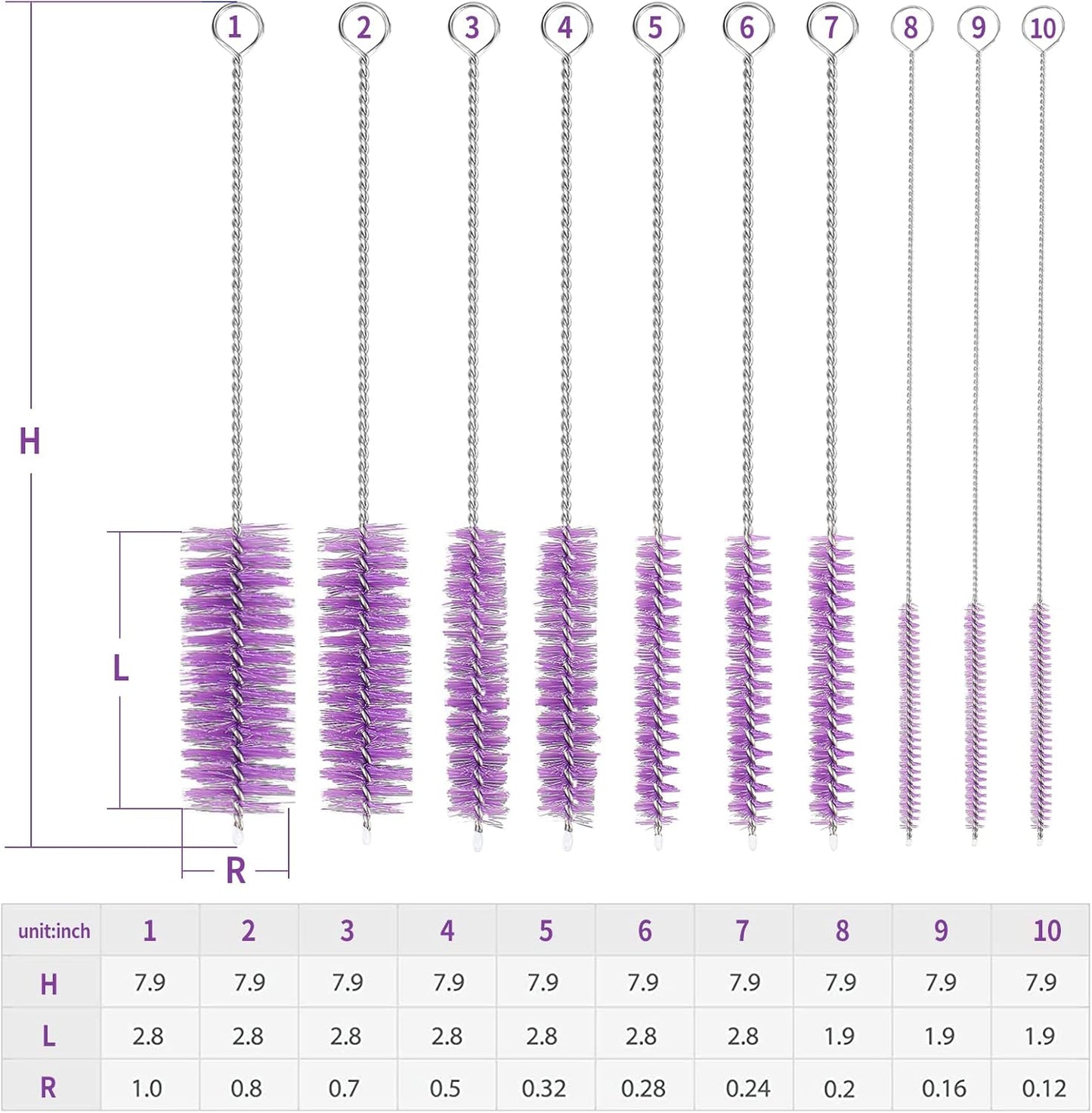 CiaraQ Bottle Cleaning Brushes, 8 Inch Nylon Tube Brush Set, Cleaner for Narrow Neck Bottles Cups with Hook, Set of 10pcs. Purple