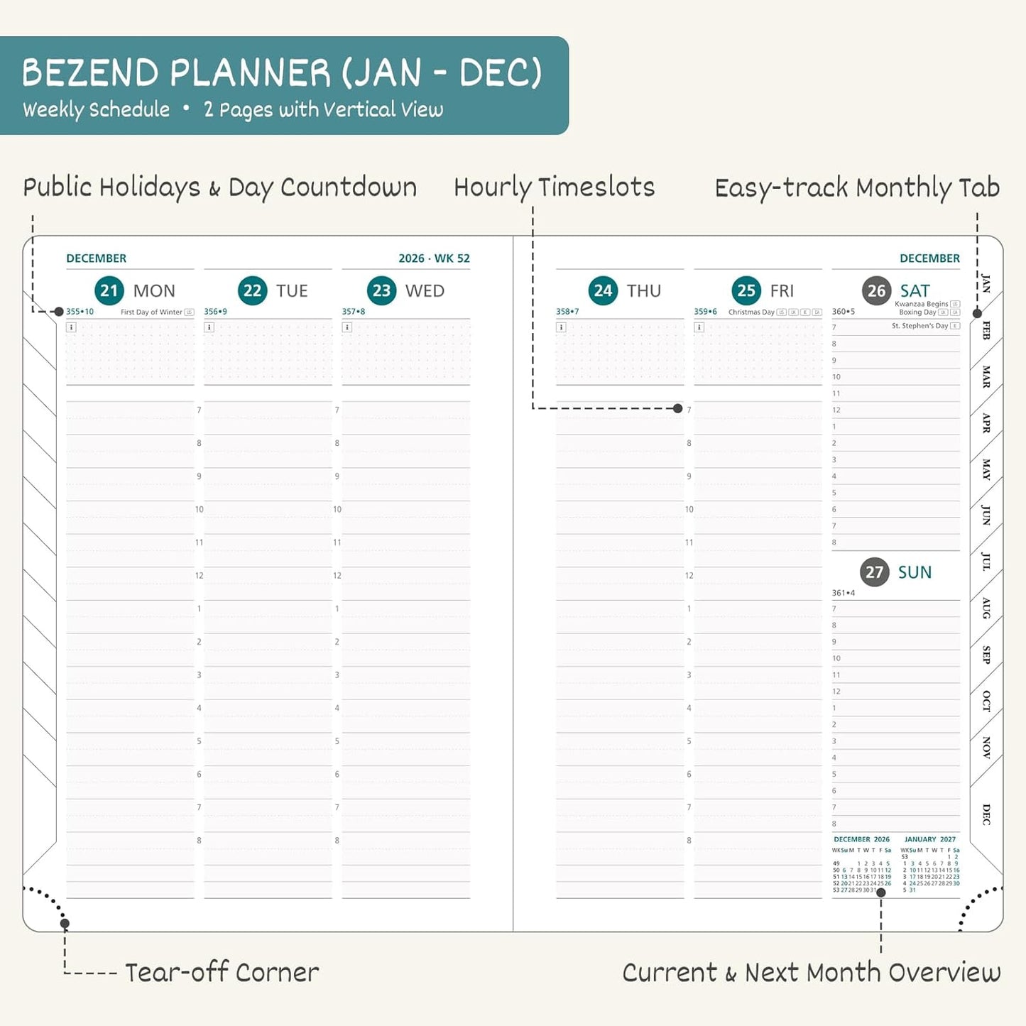 BEZEND 2026 Planner Weekly and Monthly (8.5" x 11") Daily Calendar with Half-Hourly Timeslots & Tab (Jan-Dec) Note & Expenses, Pen Holder, Inner Pocket, Vegan Leather Hardcover - Mint Green