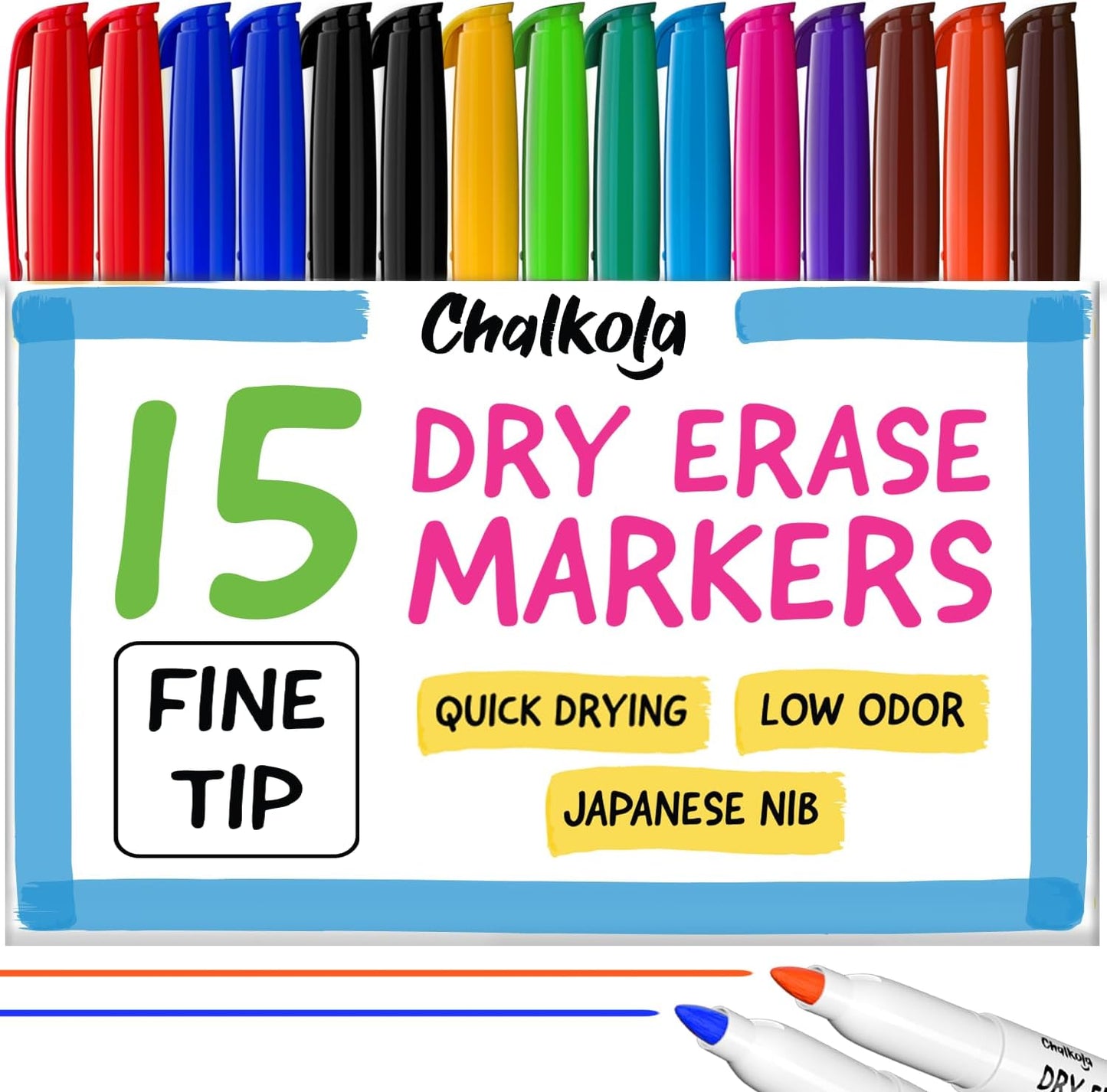Chalkola Dry Erase Markers Fine Tip (15 Pack, 12 Colors) | Thin Point Dry Erase White Board Pens - Non toxic, Low Odor Whiteboard Markers for Kids, Teachers, Office, School, Classroom Supplies