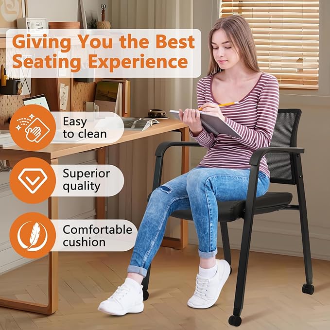 CLATINA Stacking Office Chair with Wheels, Mesh Back Waiting Room Guest Chairs with Arms Comfortable Leather Cushion Stackable Desk Chair for Conference Reception School Side Stationary, Black, 4PK