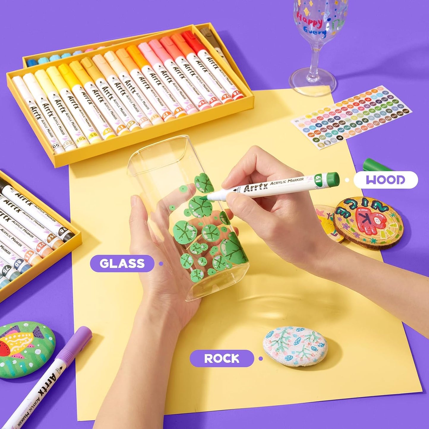 Arrtx 48 Colors Acrylic Marker, for Rock Painting, Extra Brush Tip Markers Paint Pens, Art Supplies, Fabric Paint, Art Markers, Waterproof Paint DIY Crafts Making& 48E