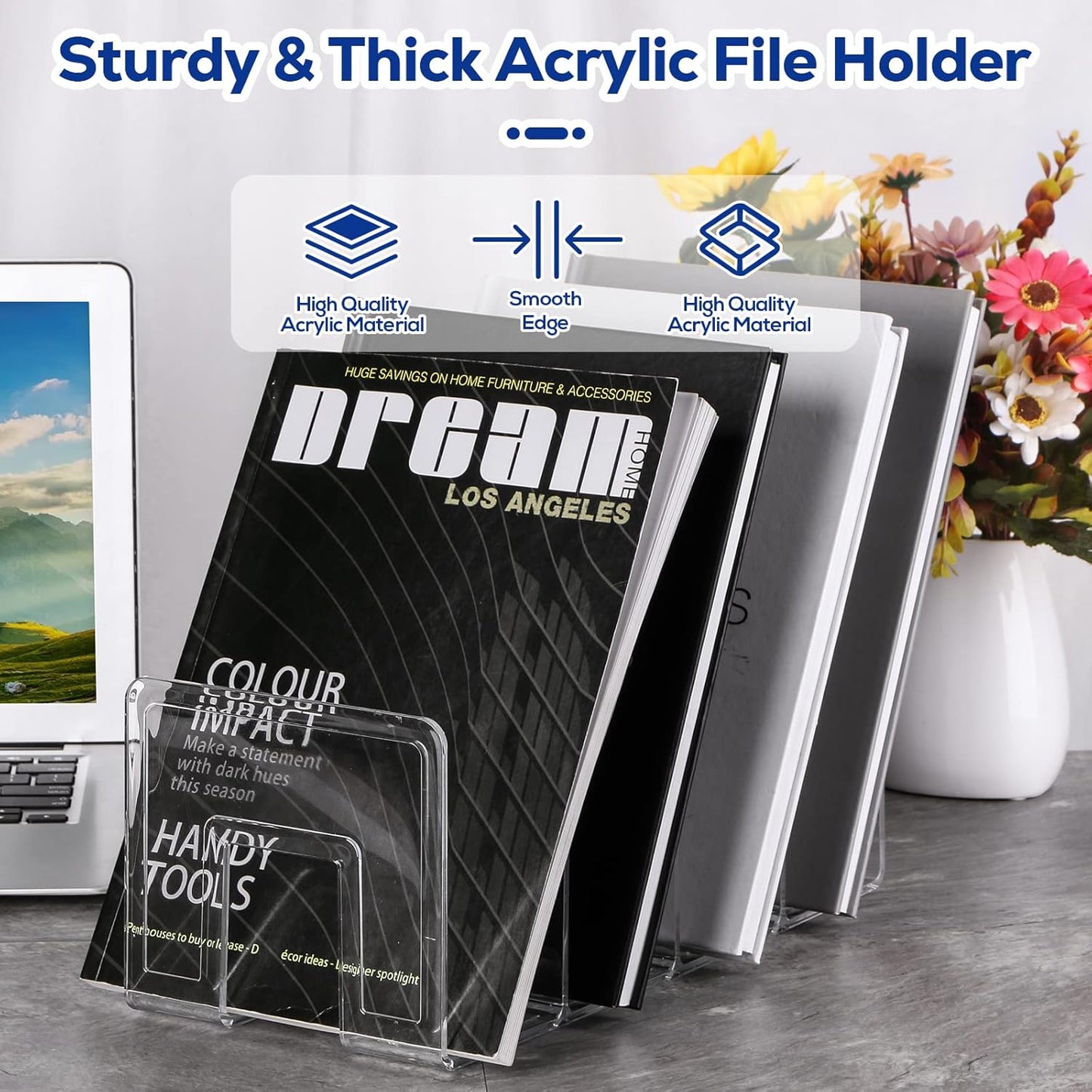 4Pack 4-Section Clear Acrylic Desk File Sorter, Desktop File organizer Purse Handbag divided organizer for Book, Envelopes, Mail, Document, Notebook, Office Supplies (13x5.9x5inch)