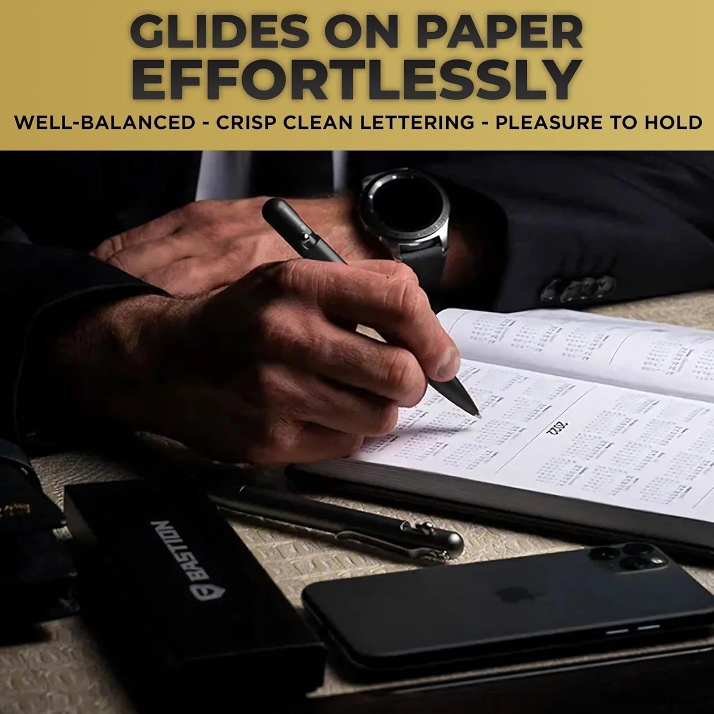 BASTION® Luxury Slim Bolt Action Pen, Durable EDC Pen with Fine Tip, Professional Ballpoint Pen for School and Work - Stainless Steel Black