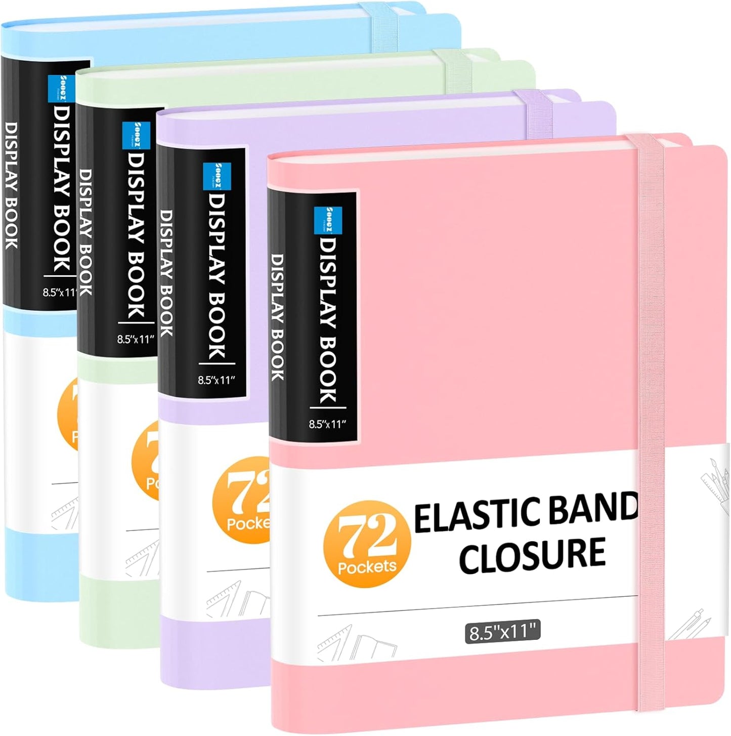 Sooez 4 Pack 72 Pocket Binder with Plastic Sleeves & Elastic Band, Large Capacity 8.5x11 Presentation Book Display 144 Pages, Art Portfolio Document Folder with Clear Sheet Protectors