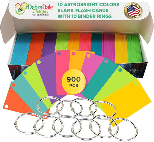 Debra Dale Designs Flash Cards – Blank Color Coded Index Cards for Visual Learners, Pre-Punched with Metal Rings, Durable Multicolor Cardstock for Memorization, School & Organization