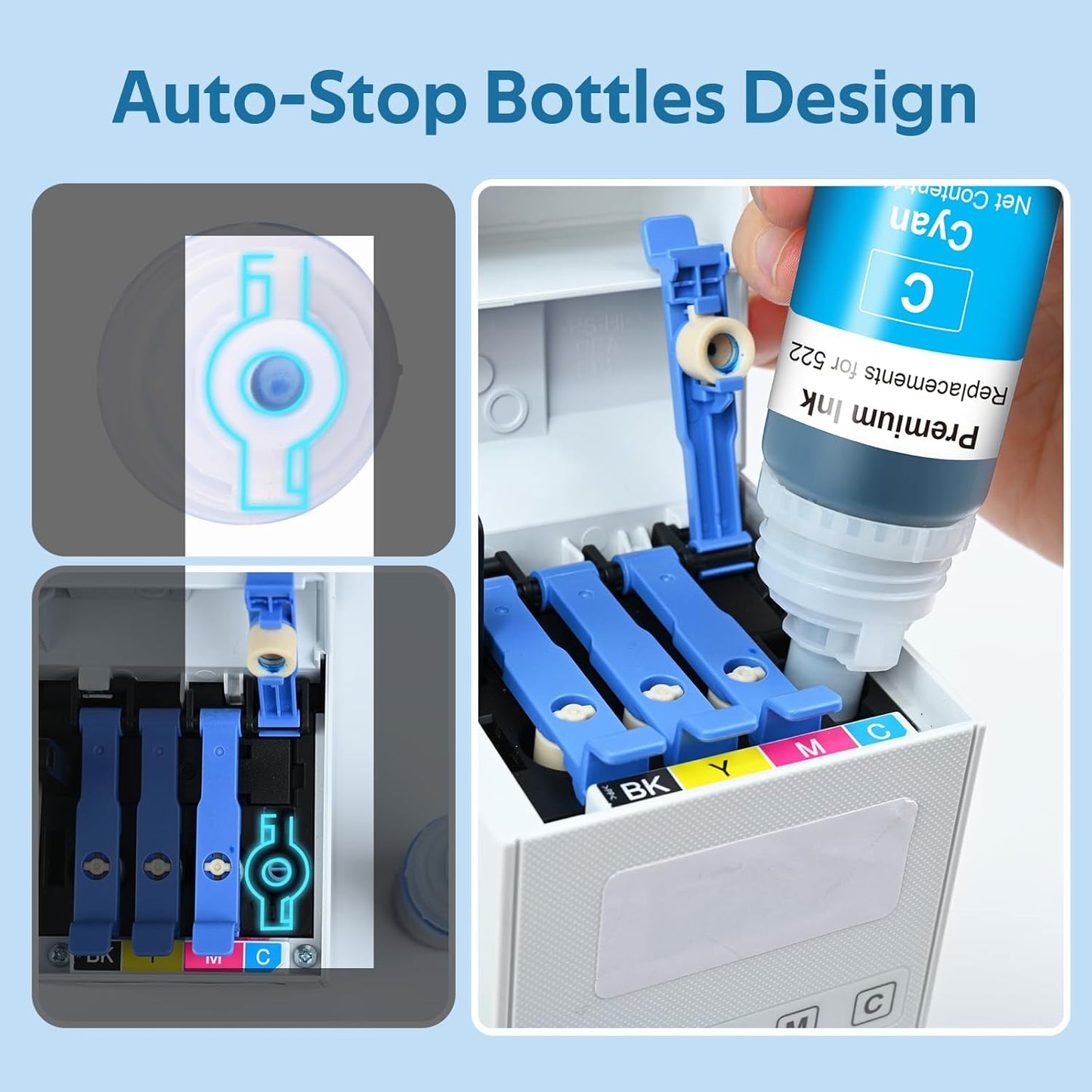 522 High Capacity Ink Refill Bottles Combo Pack Remanufactured for Epson 522 EcoTank Ink Works with EcoTank ET-2400, ET-2720, ET-2800, ET-2803, ET-2840 (5 Pack,550ML, Not Sublimation Ink)