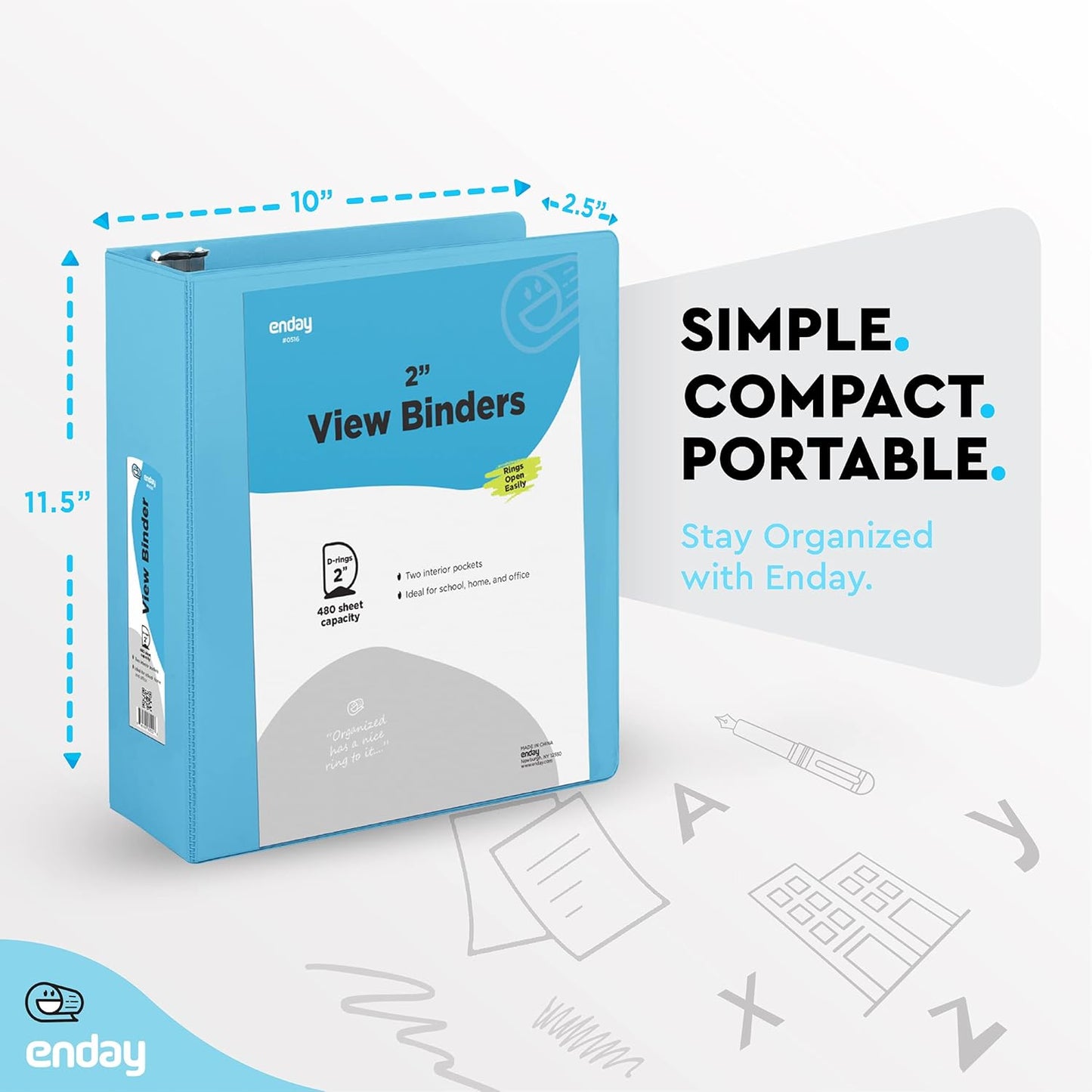 3 Slant D-Ring Binder 2 Inch Binder Blue, 2 in Clear View Cover w/ 2 Inside Pockets, Heavy Duty Colored School Supplies Binders Also Available in Grey, Pink, Red, Green, Purple (6 PC)–by Enday