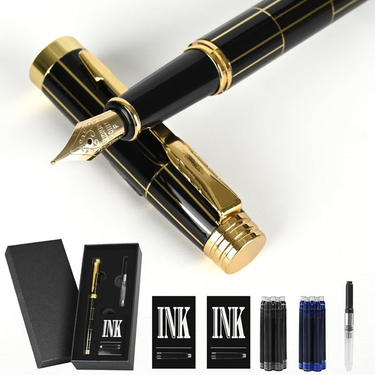 Fountain Pen Set, Medium Nib 0.5mm, Includes 10 Ink Cartridges & 2 Ink Refill Converters, Gift Case for Men & Women,Calligraphy Pen,Perfect Weight, Black.