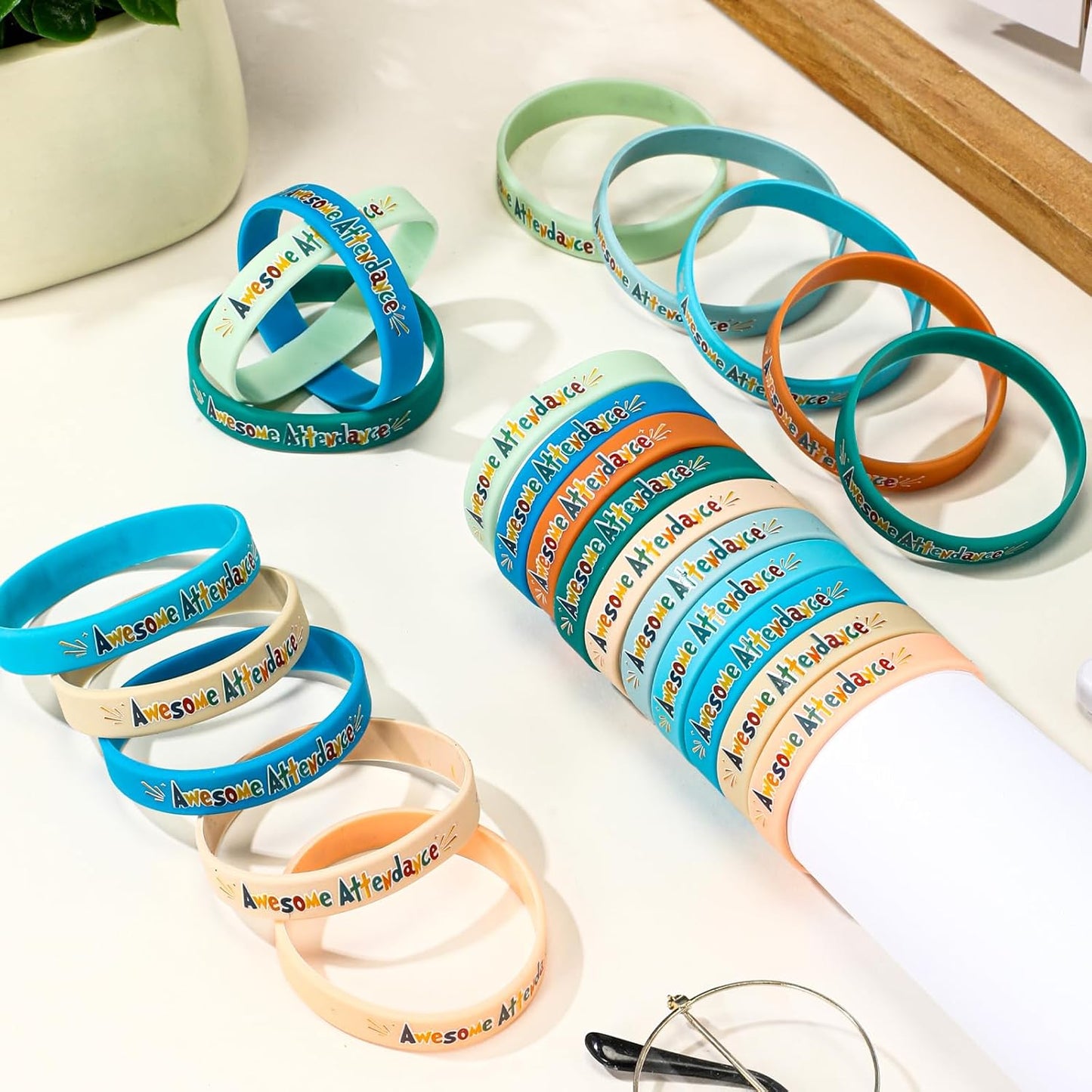60 Pcs Awesome Attendance Wristbands for Students, Perfect Attendance Awards for Classroom Prizes, Unisex Stretch Silicone Motivational Wristbands for Student from Teacher Classroom Prizes