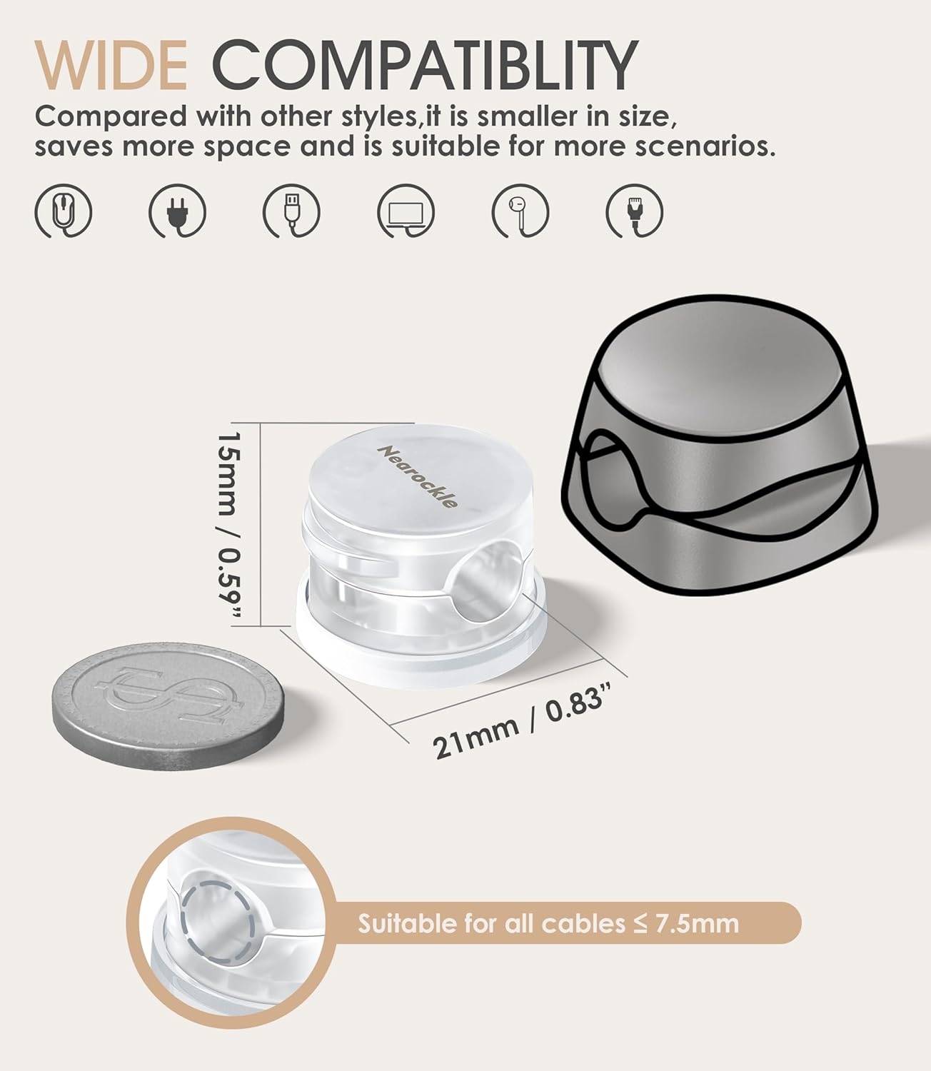 9 Pack Spring Cord Organizer Cable Clips [Locking Cable Rotatable], 2025 Latest Nearockle Phone Charging Cord Holder Cable Management for Car, Nightstand, Office Desk Accessories (Clear)