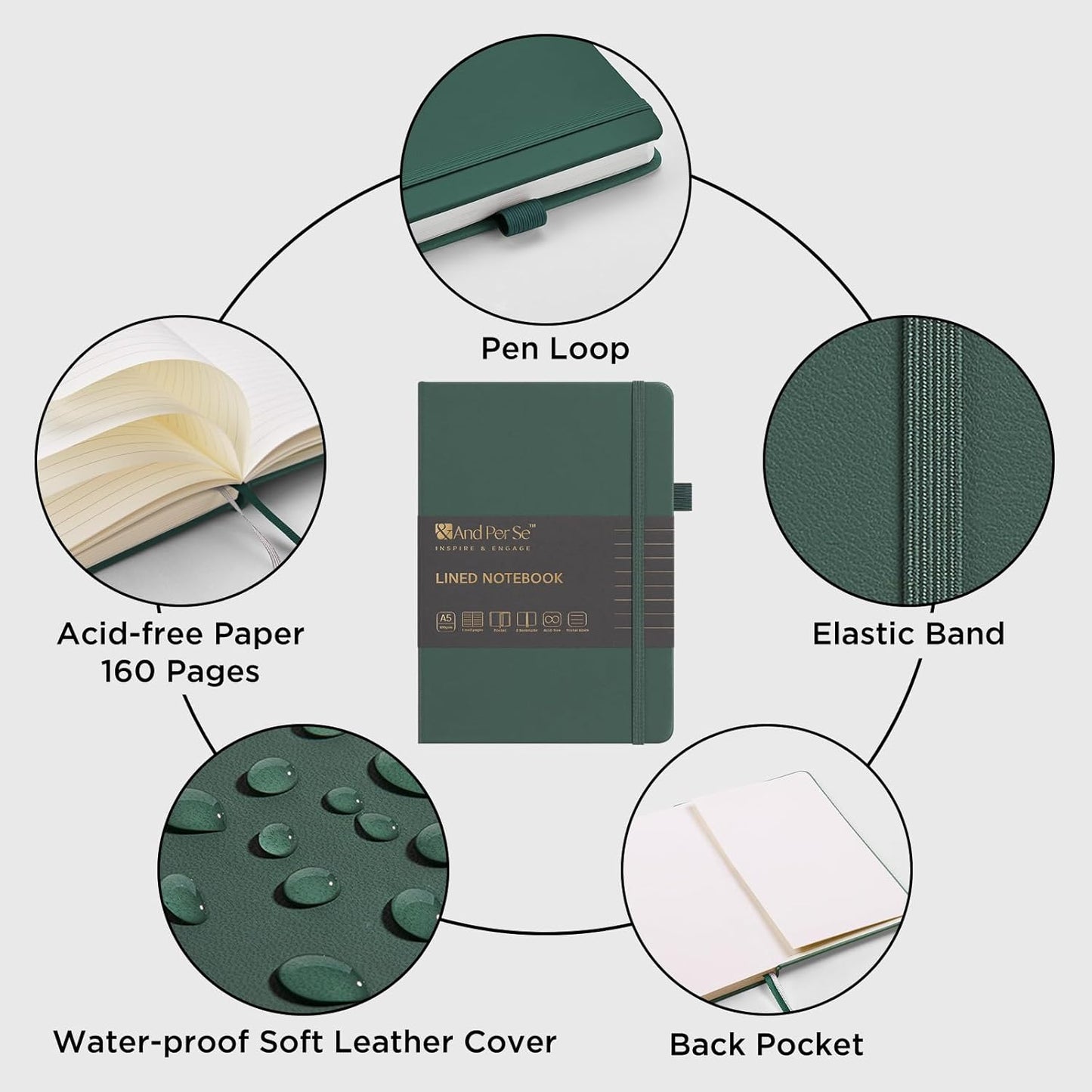 &And Per Se Lined Journal Notebook, 160 Pages, A5 5.7 x 8 inches College Ruled Thick Paper Notebook Journals for Writing, Hardcover Notebooks for Women Men Office School (1 Pack, Green)