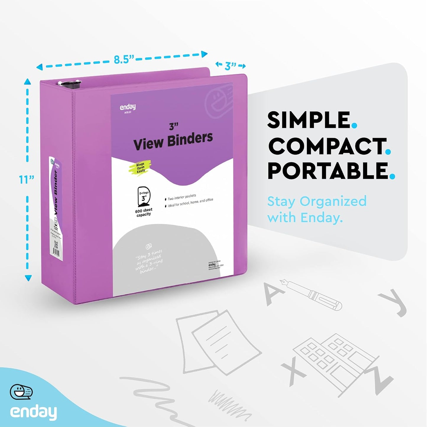 3 Slant D-Ring Binder 3 Inch Purple, 3 in Clear View Cover with 2 Inside Pockets Binder, Heavy Duty Colored School Supplies Binders,Also Available in Green, Grey, Red, Blue, Pink (12 PC) – by Enday