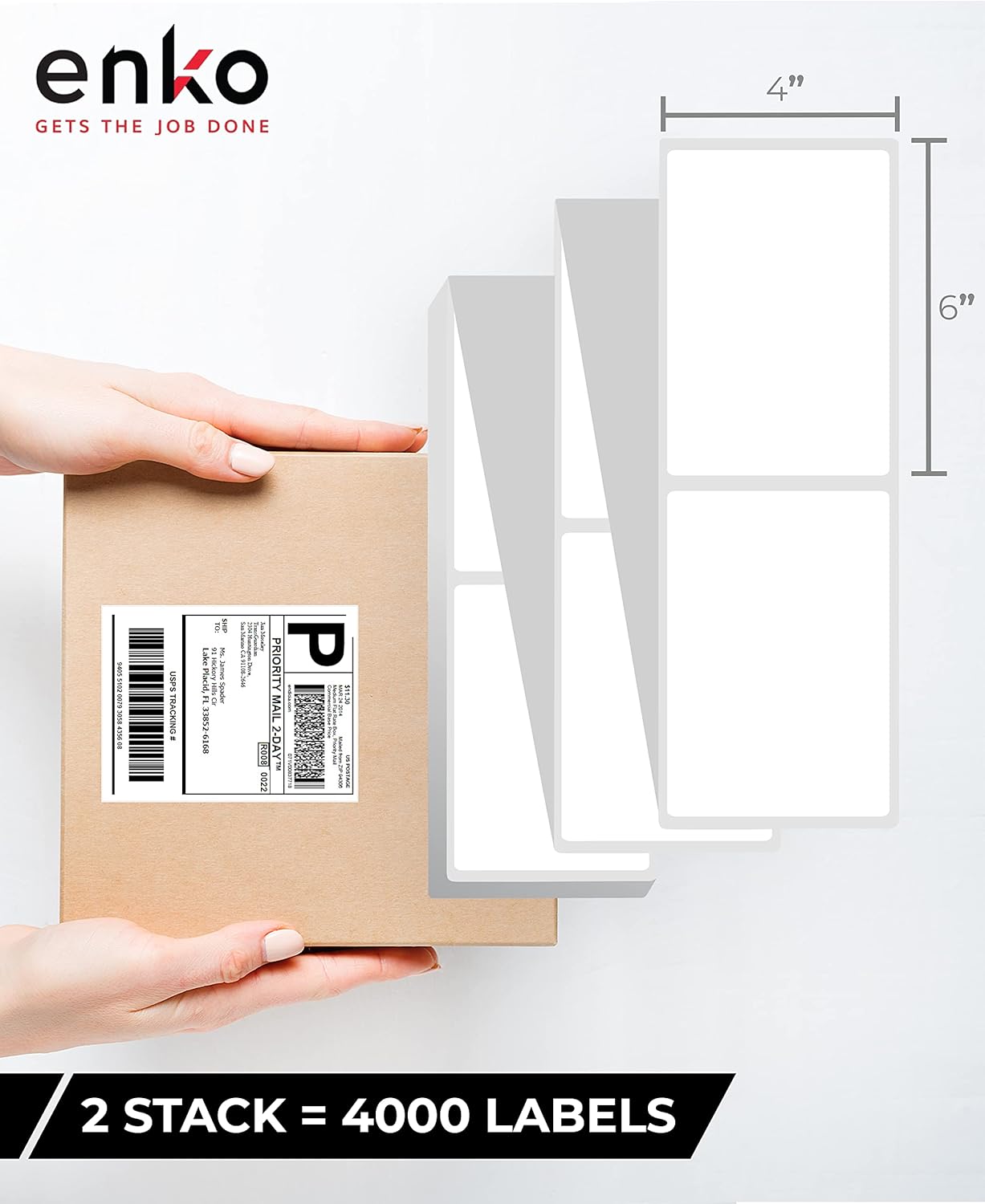 enKo 2 Stacks/4000 Labels 4" x 6" Fanfold Direct Thermal Label Compatible for Rollo Zebra Printer - Shipping Mailing Postage, Perforated, Permanent Adhesive (2 Label/Fold | 2000 Labels/Stack)