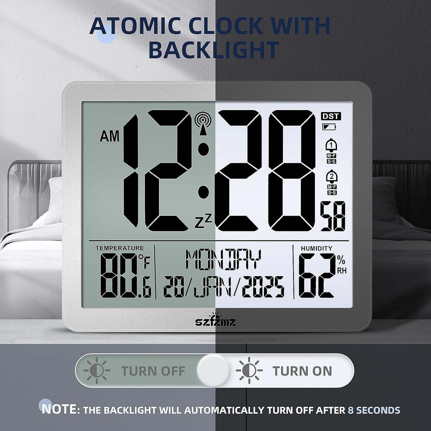 Digital Wall Clock Battery Operated with Backlight, Atomic Alarm Clocks with Indoor Temperature & Humidity for Bedrooms, Office, 8.5" Small Desk Clock with Large Display for Seniors, Auto DST, Sliver