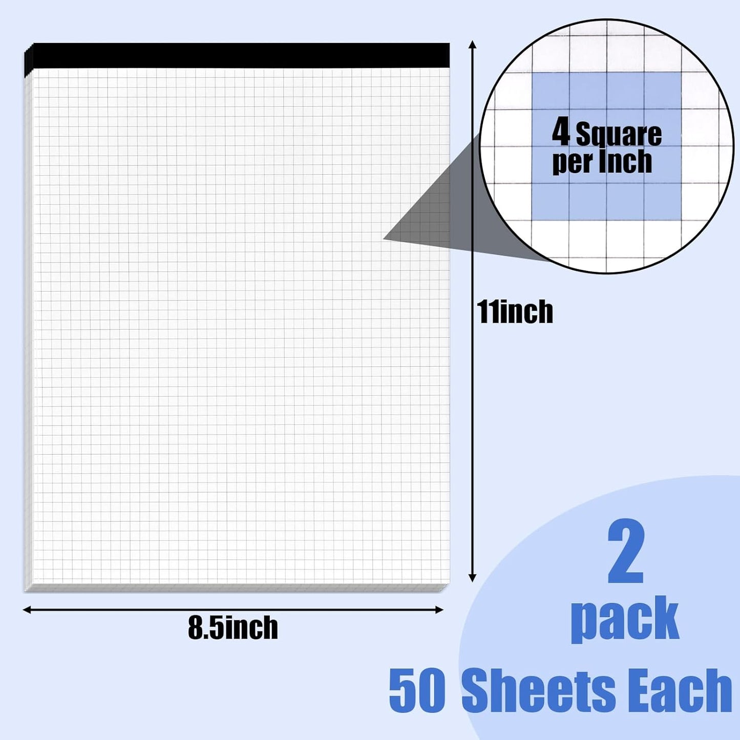 BOOKNOW 2-Pack 8.5" x 11" White 5x5 Quad Ruled Graph Paper Pads, 50 Sheets per Pad, for Office, School, and Drawing