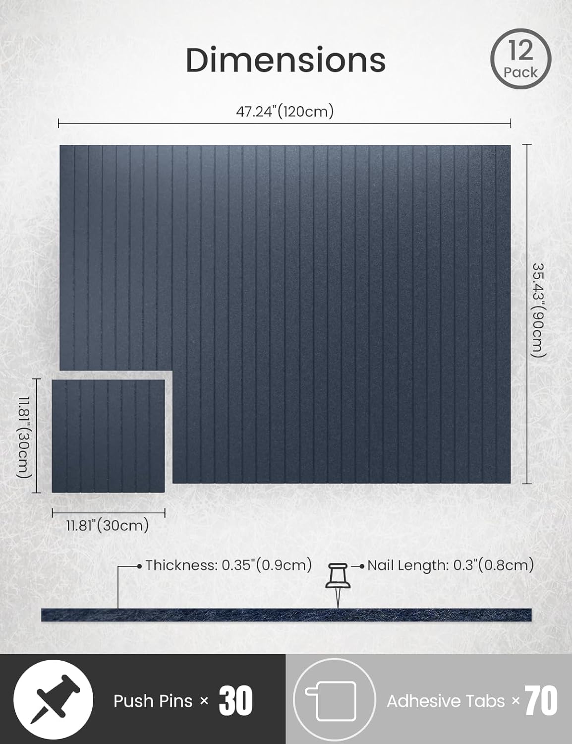 Bumusty Large Cork Board Alternative-47 x35 Felt Bulletin Board Tiles, with 30 Pushpins, 70 Adhesive Tabs, 12-Pack Slat Wall Paneling, Cork Boards for Office Push Pin Board Felt Board-Denim Blue