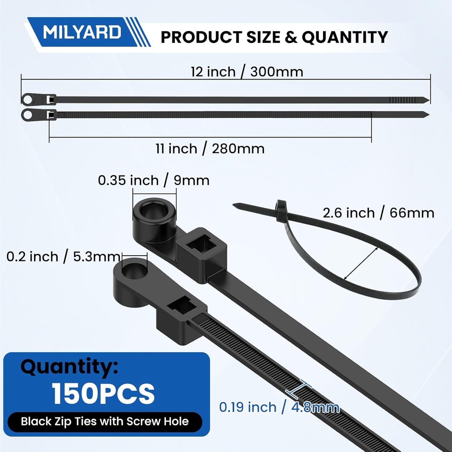 150 Pcs 12 inch Black Zip Ties with Screw Hole, 50LBS Plastic Ties with Screw Holes for Automotive, Fencing & Outdoor Wire Management