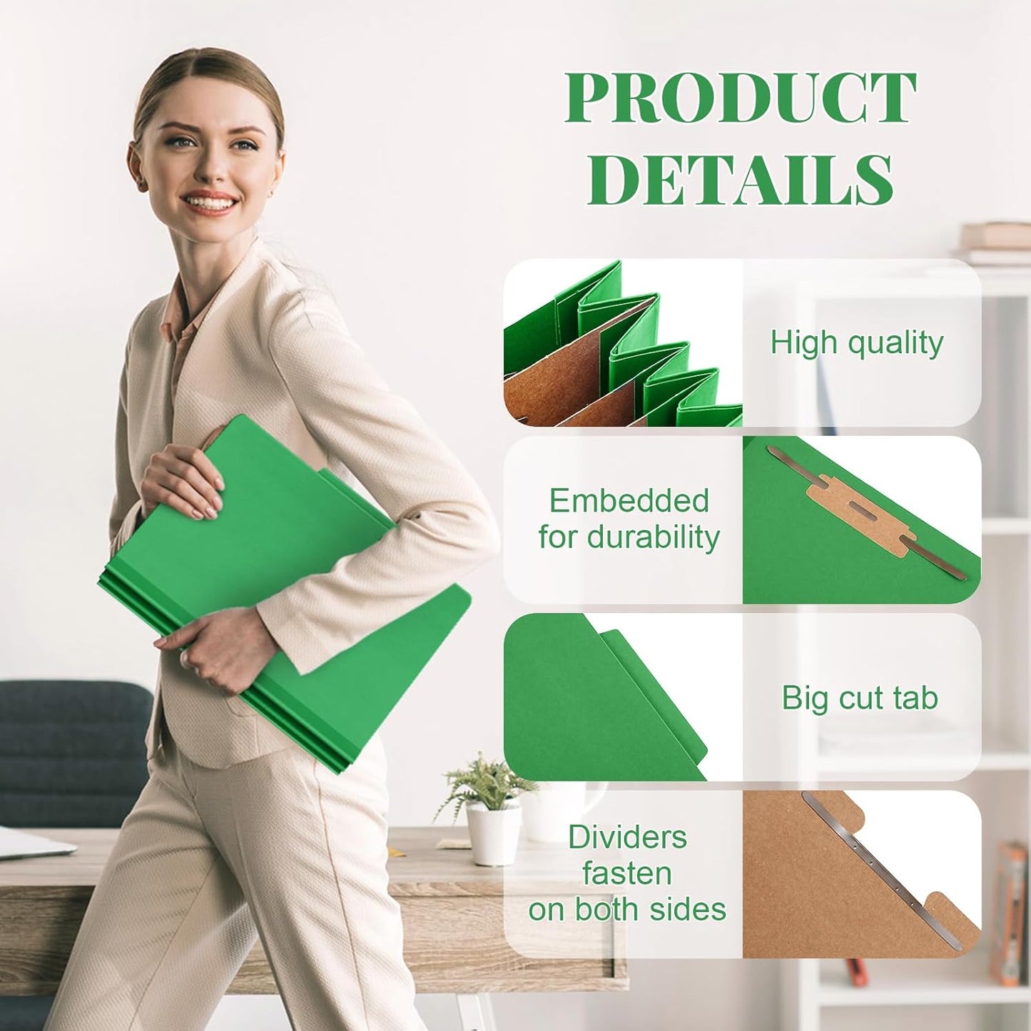 24 Pcs Classification Folders Letter Size, 3 Divider Pressboard File Folder with Fasteners, Expanding File Organizer Bulk for Teachers, Clergy, Office, Church, Christmas Donations (Green)