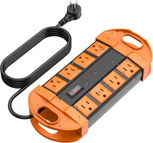 CCCEI Outdoor Power Strip Weatherproof with 8 Plug, Waterproof Extension Cord with Multiple Outlets, Christmas Exterior Garden Yard Surge Protector 15FT, Orange.