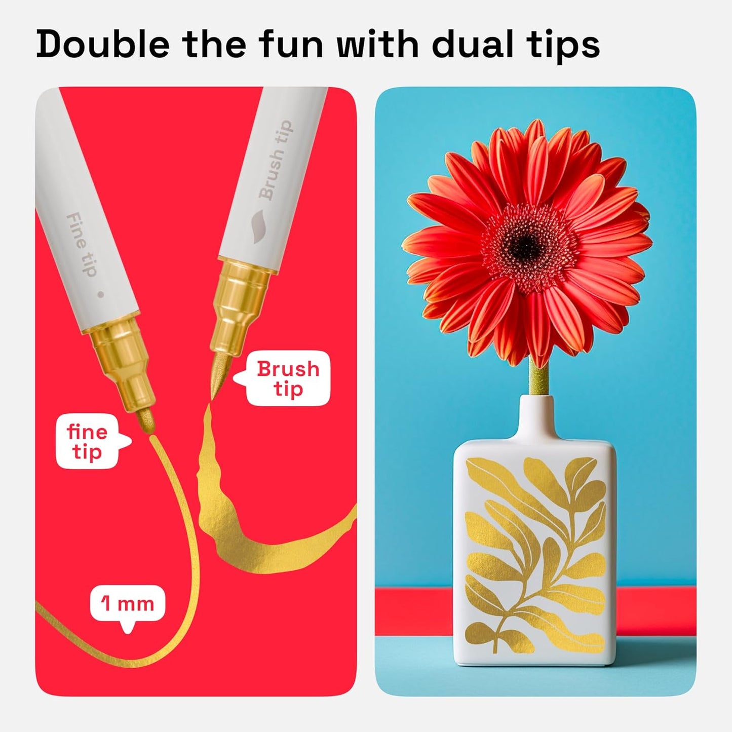 ARTISTRO 5 Gold Dual-Tip Acrylic Paint Pens - 1-5 mm Brush + 1mm Fine Tips - Multisurface Markers for Fabric, Glass, & More