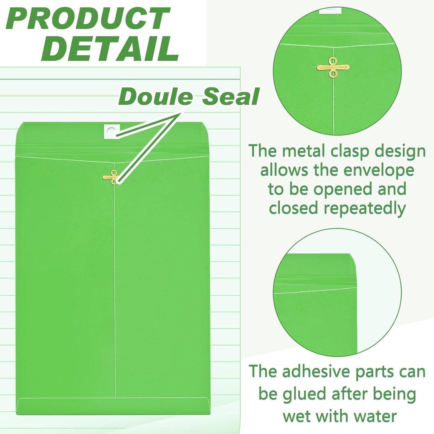 Geyee 100 Pcs Clasp Manilla Envelopes 9 x 12 Inch Gummed Colored Envelopes for Storing or Mailing for Home Office Business Supplies(Green)