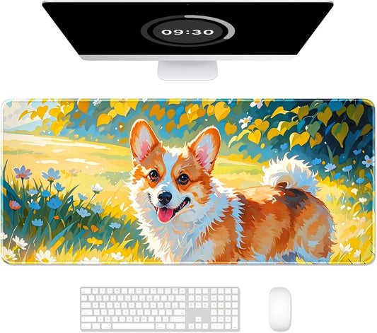 Auhoahsil Large Gaming Mouse Pad, Animal Theme XXL 35.4 x 15.7 in Desk Pad Stitched Non-Slip Rubber Long Computer Mousepad Thin Extended Full Size Desk Mat for Desktop, Laptop, Wireless Mice, Corgi