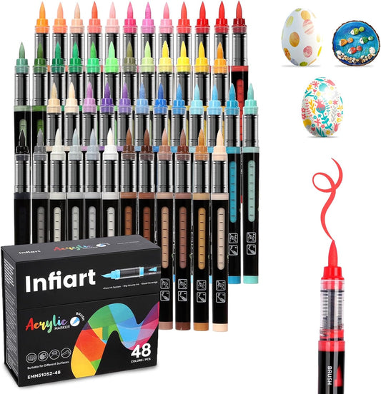 Automatic Ink Control Acrylic Paint Markers Brush Tip 48 Colors Acrylic Paint Pens Water-Based Acrylic Markers Set for Stone, Wood, Rock Painting, Canvas, Glass, DIY & Art Supplies