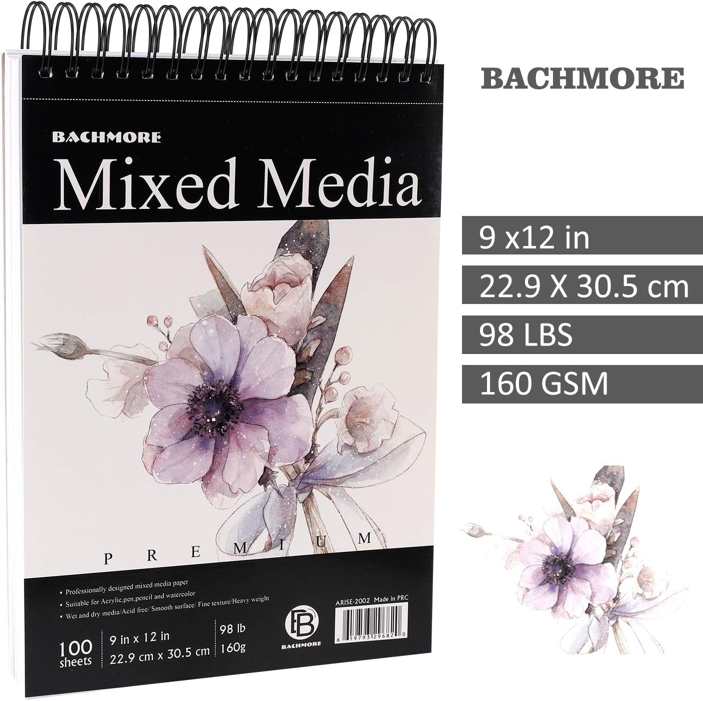 Bachmore Sketchpad 100 Sheet, Watercolor, Acrylic Art Pad for Sketching, Ink Sketch Book, Coloring Notebook - 98 Ib/160 g/m2 in Multi-Media Spiral Notebook, Drawing Paper, Drawing Pad (9'' X 12'')