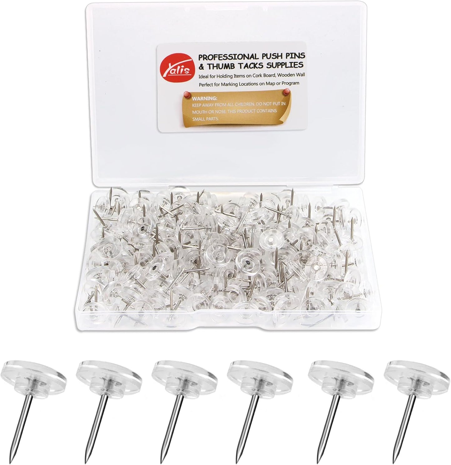 Push Pins 200-count Flat Clear Thumb Tacks Steel Point and Plastic Head for Corkboard and Wooden Photo Wall
