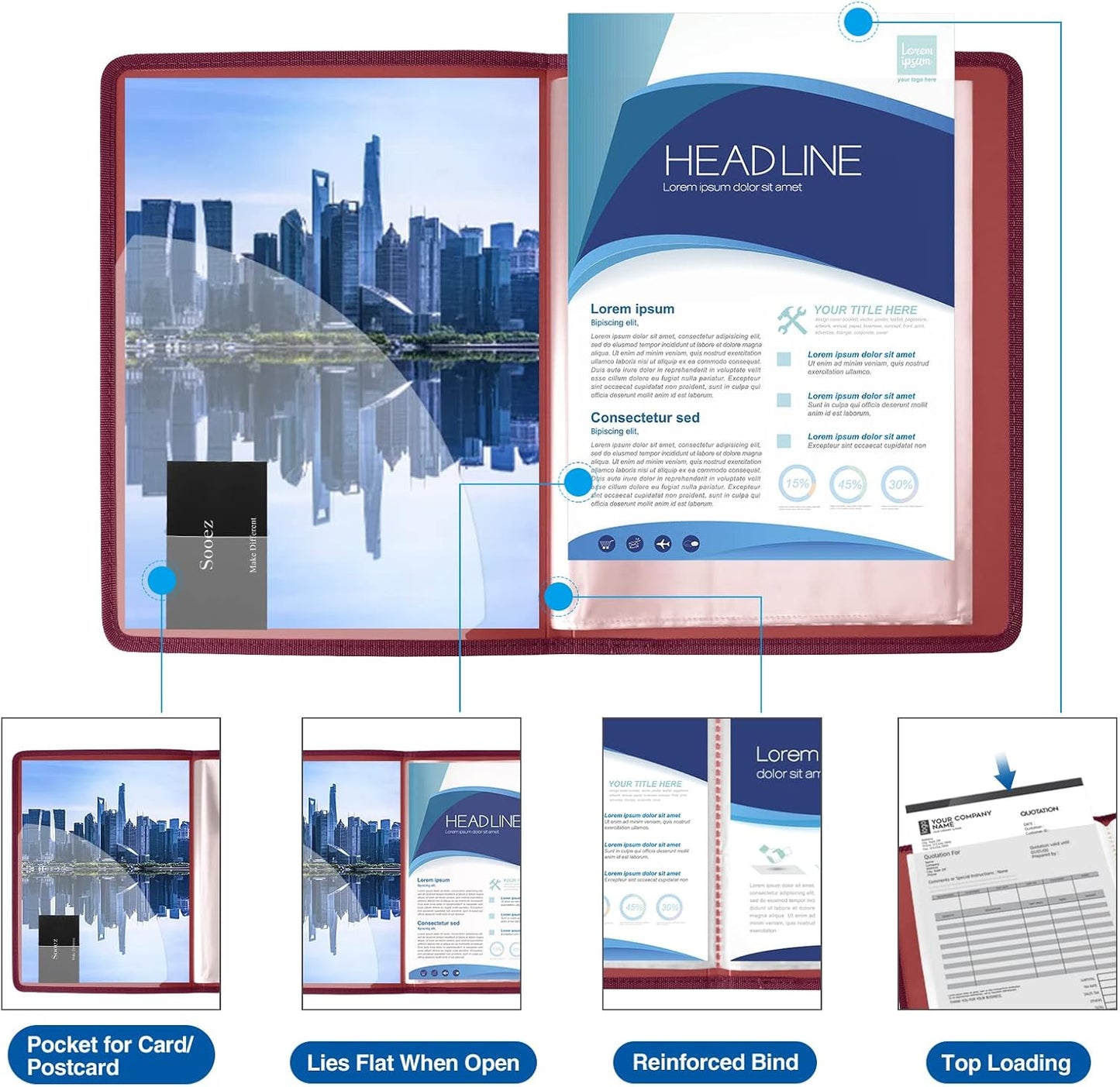 Sooez 30-Pocket Binder with Plastic Sleeves 8.5x11" (Ruby), Heavy Duty Art Portfolio Folder with Clear Sheet Protectors, Display 60 Pages, Presentation Book for Artwork, Document Organizer Binder