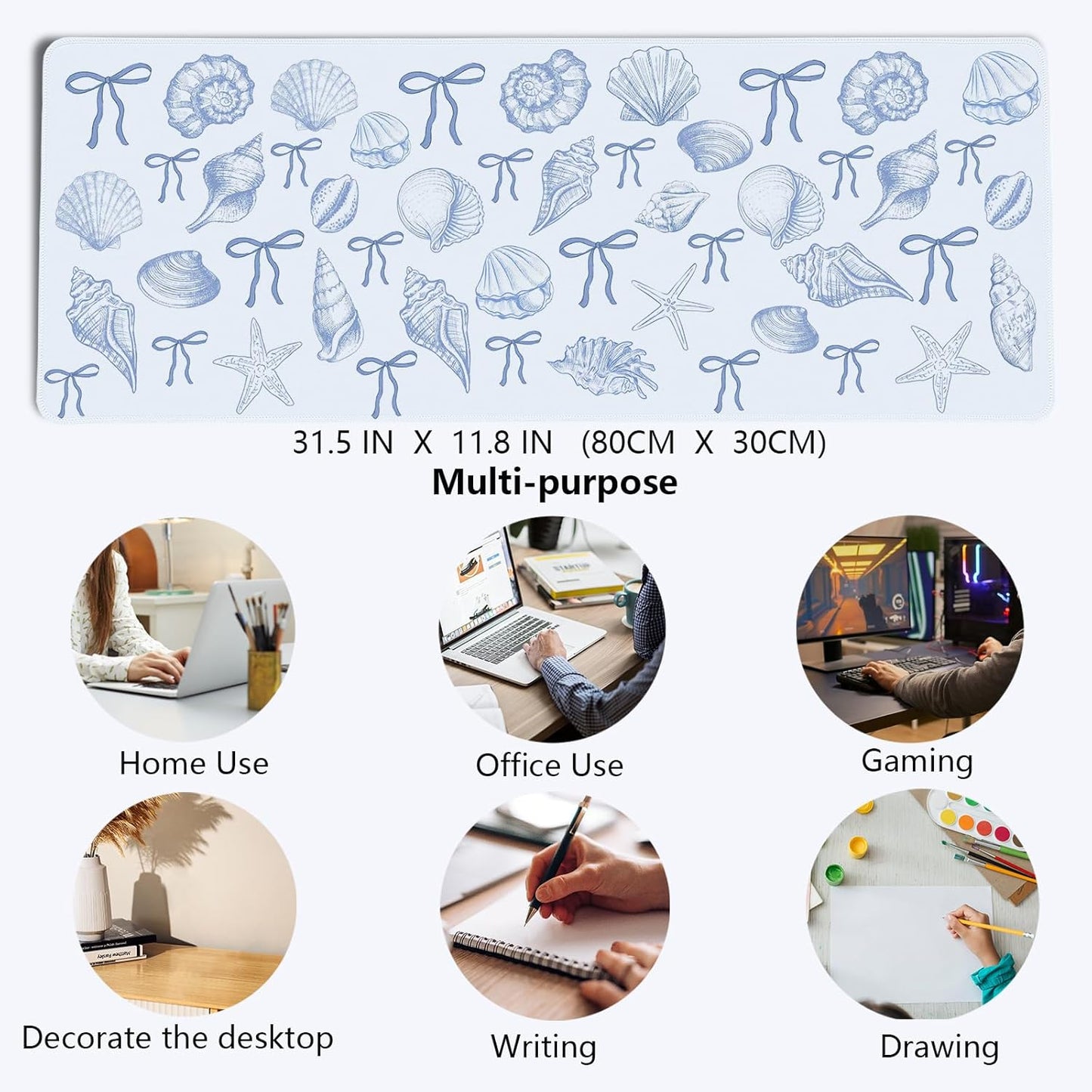 Blue and White Seashell Bow Mouse Pad,Coastal Beach Mouse Pad,XL Large Ocean Beach Seashell Desk Mat,Girly Vintage Summer Beachy Gaming Pads,Girly Summer Desktop Decor Art,31.5x11.8In