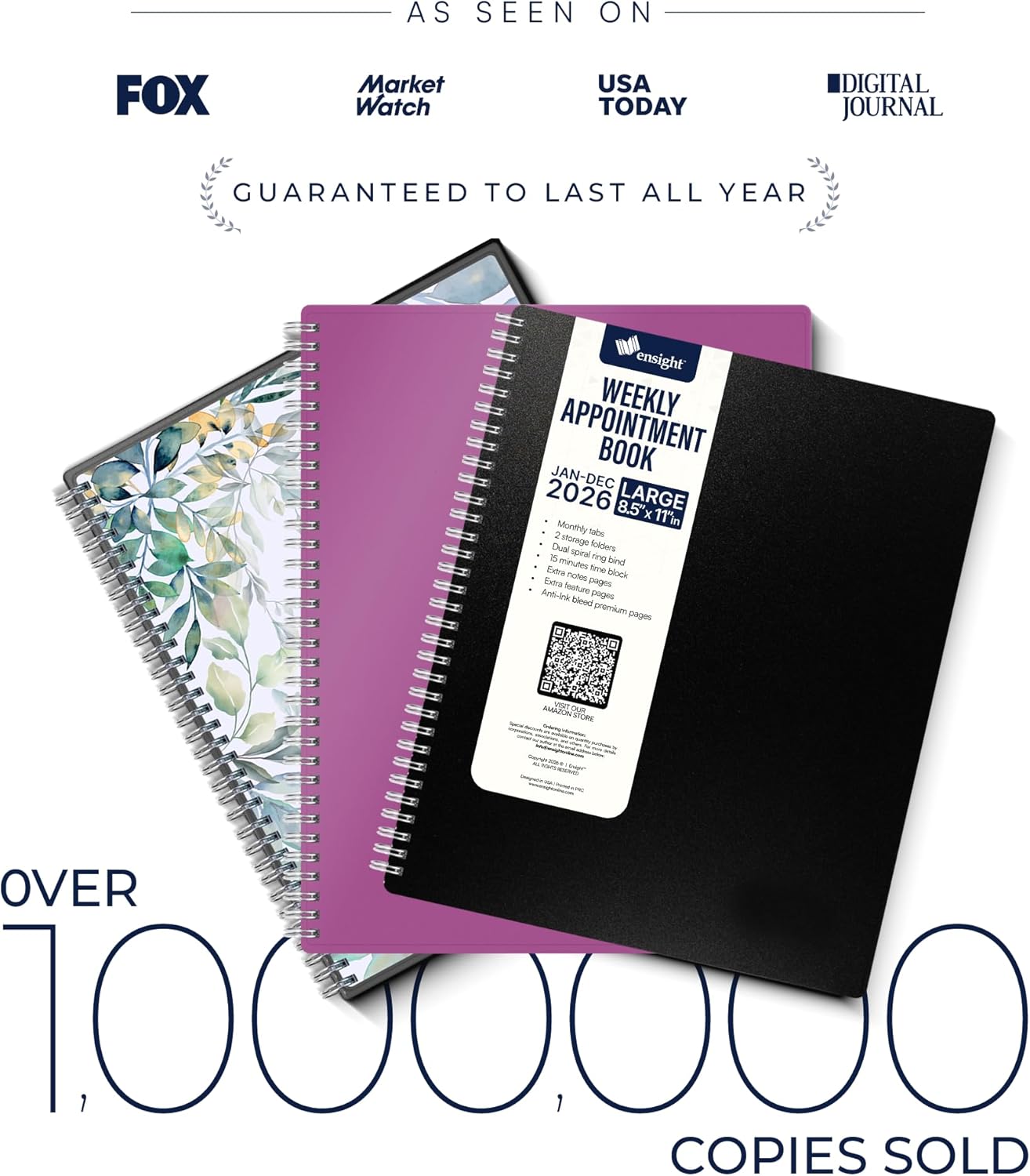 Ensight 2026 Appointment Book & Planner Ensight 8.5 x 11 inches Large Tabbed Daily Hourly Weekly Planner Schedule Book 15 Minute time Slots Business & Personal Planner Jan 2026 Dec 2026 Black