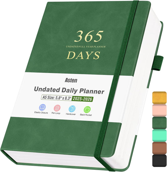 Asten Planner, Undated Daily Planner with To Do List, 365 Days Planner for ADHD Adult, Agenda for, Hourly Planner Notebook for Goal Setting, Productivity Planner with Calendar, 8.3'' x 5.8'' (Green)