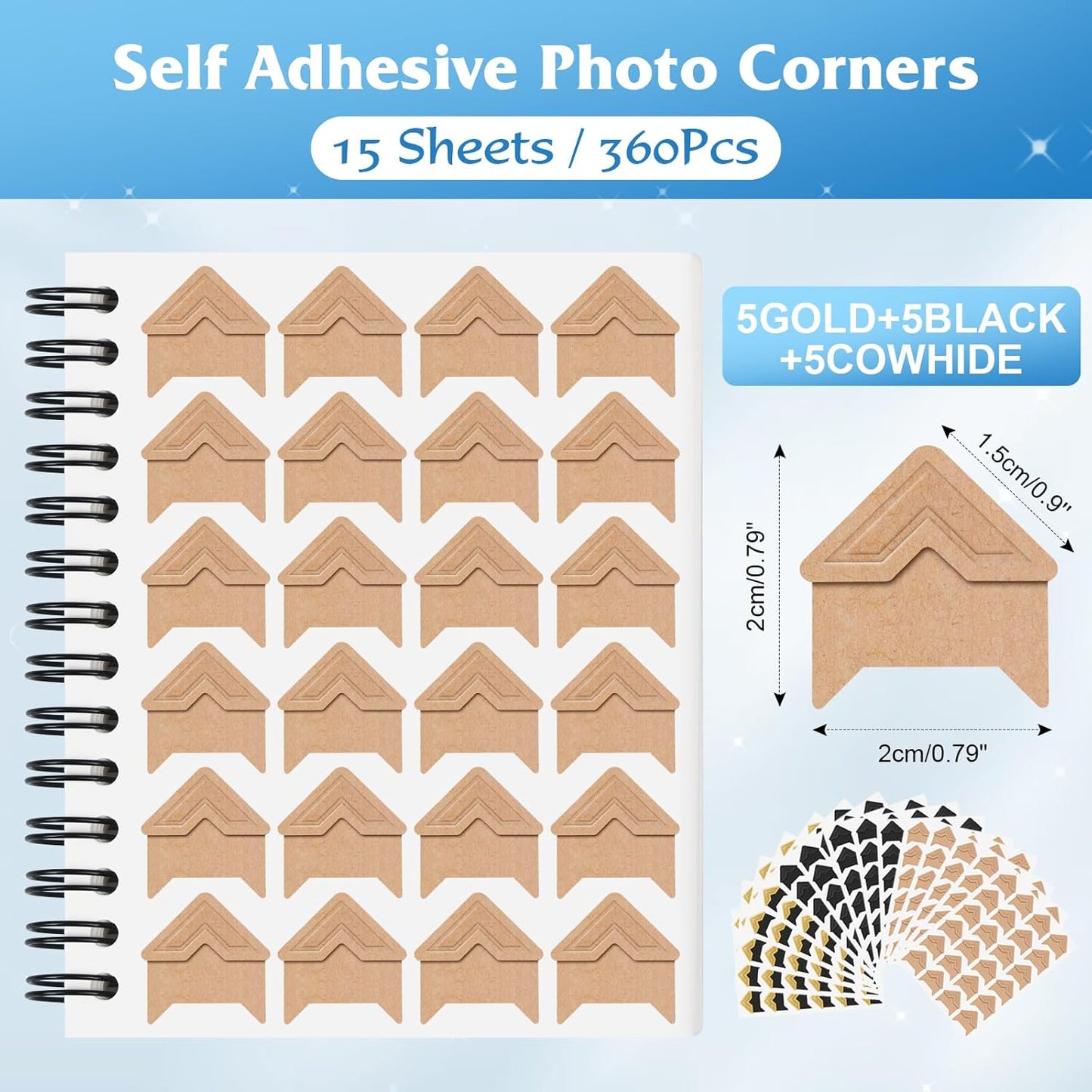 15 Sheets 360 PCS Gold-Black-Cowhide Acid-Free Photo Corners Notebook, Self-Adhesive Photo Corners for DIY Photo Album Journal, Photo Corner Stickers for Trip Journal Memory Book