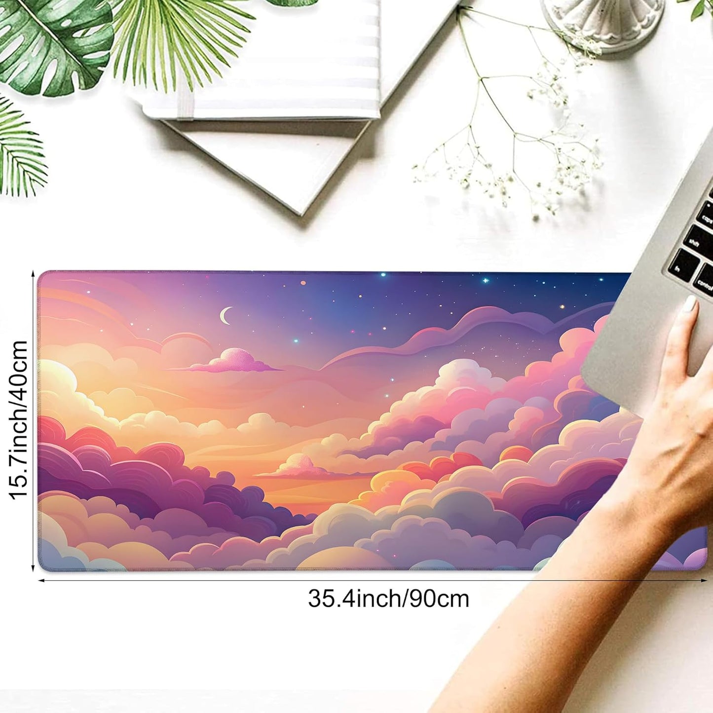 Desk Mat, Kawaii Moon Cloud Star Sunset Sky Large Gaming Mouse Pad with Non-Slip Base Stitched Edges,Desk pad for Keyboard and Mouse Home Office 35.4"x15.7"