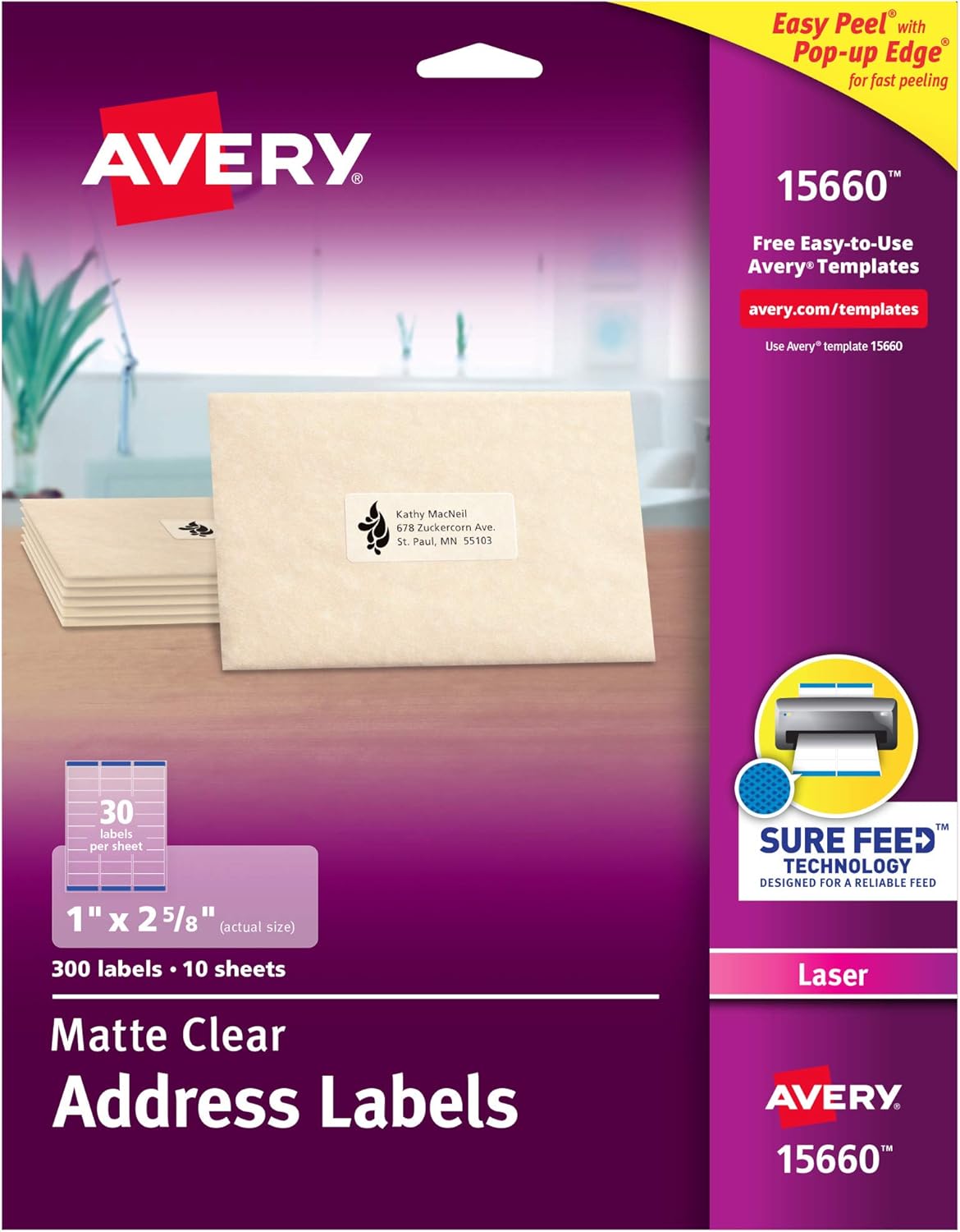 Avery Printable Address Labels for Laser Printers, 1" x 2-5/8", Matte Clear, 300 Blank Mailing Labels (15660) (Pack of 5)