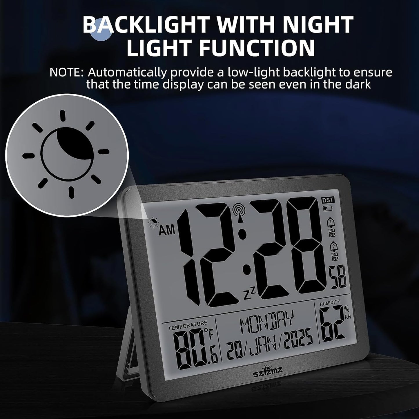 Digital Wall Clock Battery Operated with Backlight, Atomic Alarm Clocks with Indoor Temperature & Humidity for Bedrooms, Office, 8.5" Small Desk Clock with Large Display for Seniors, Auto DST, Sliver