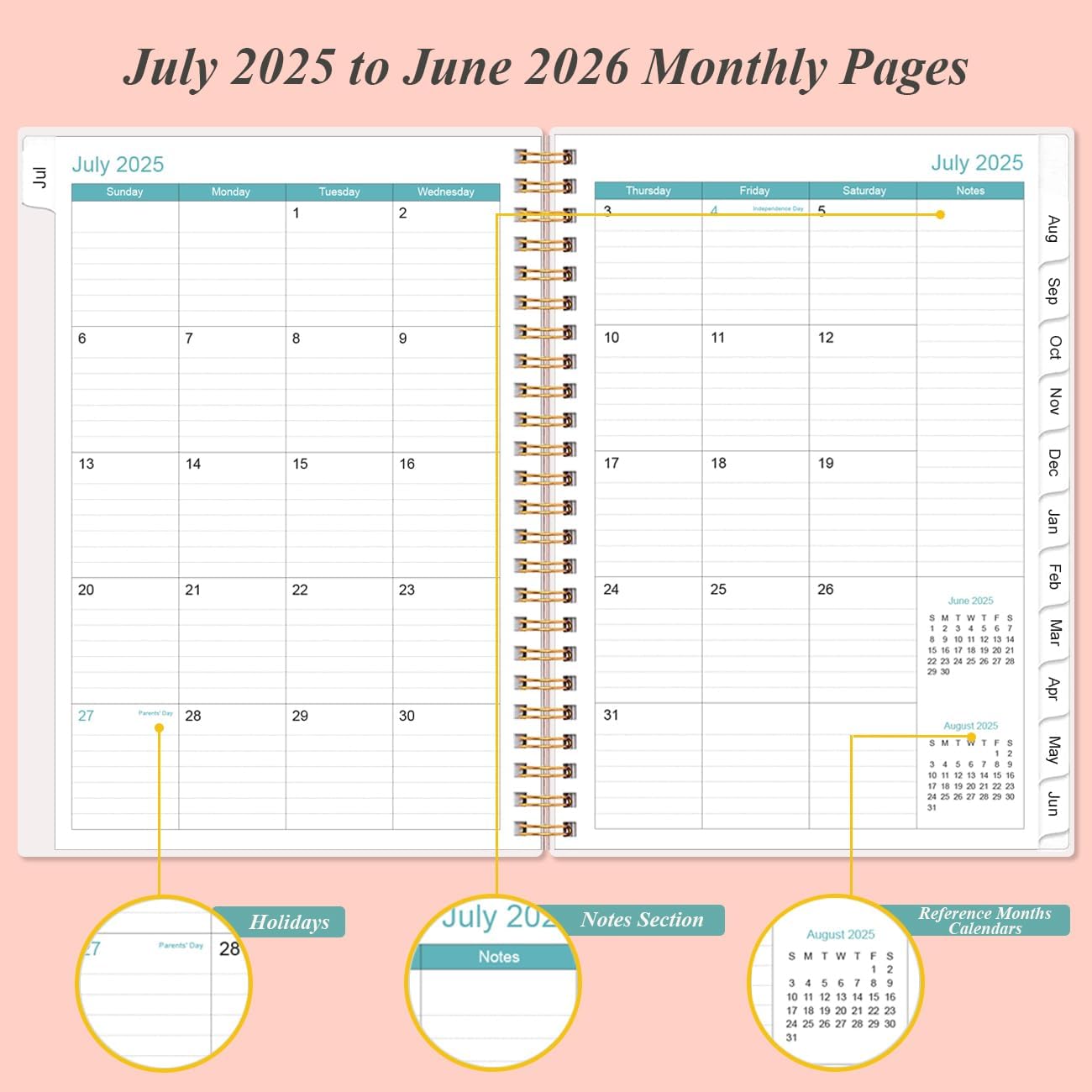 2025-2026 Planner - Academic Planner 2025-2026 from July 2025 - June 2026, Weekly & Monthly Planners Spiral Bound with 12 Monthly Tabs, Inner Pocket, 6.4" x 8.5", Pink
