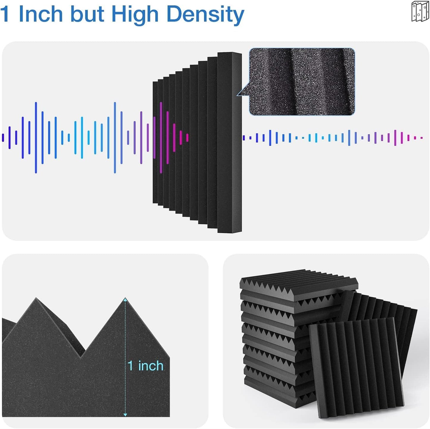 48 Pack Self-Adhesive Acoustic Panels - 1”X 12”X 12”Wall Panels - Quick-Recovery and High Density Sound Panels - Sound Proof Acoustic Foam for Home Studio - Black