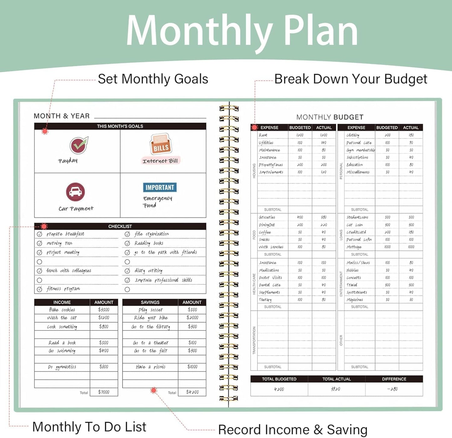Budget Planner-Monthly Budget Book with Expense Tracker Notebook/Accounting Book, A5 Monthly Financial Organizer Planner, Manage Your Money Effectively, Start Anytime, 1 Year Use, Green