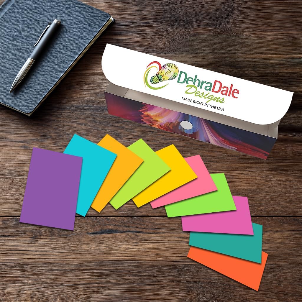Debra Dale Designs Blank Flash Cards - Vibrant Flash Cards for Students, Color Coded Study Cards, Unruled Index Cards (Neon 2x3.5in, 65lb Cardstock, Reusable Box) [10 Colors, USA Made]