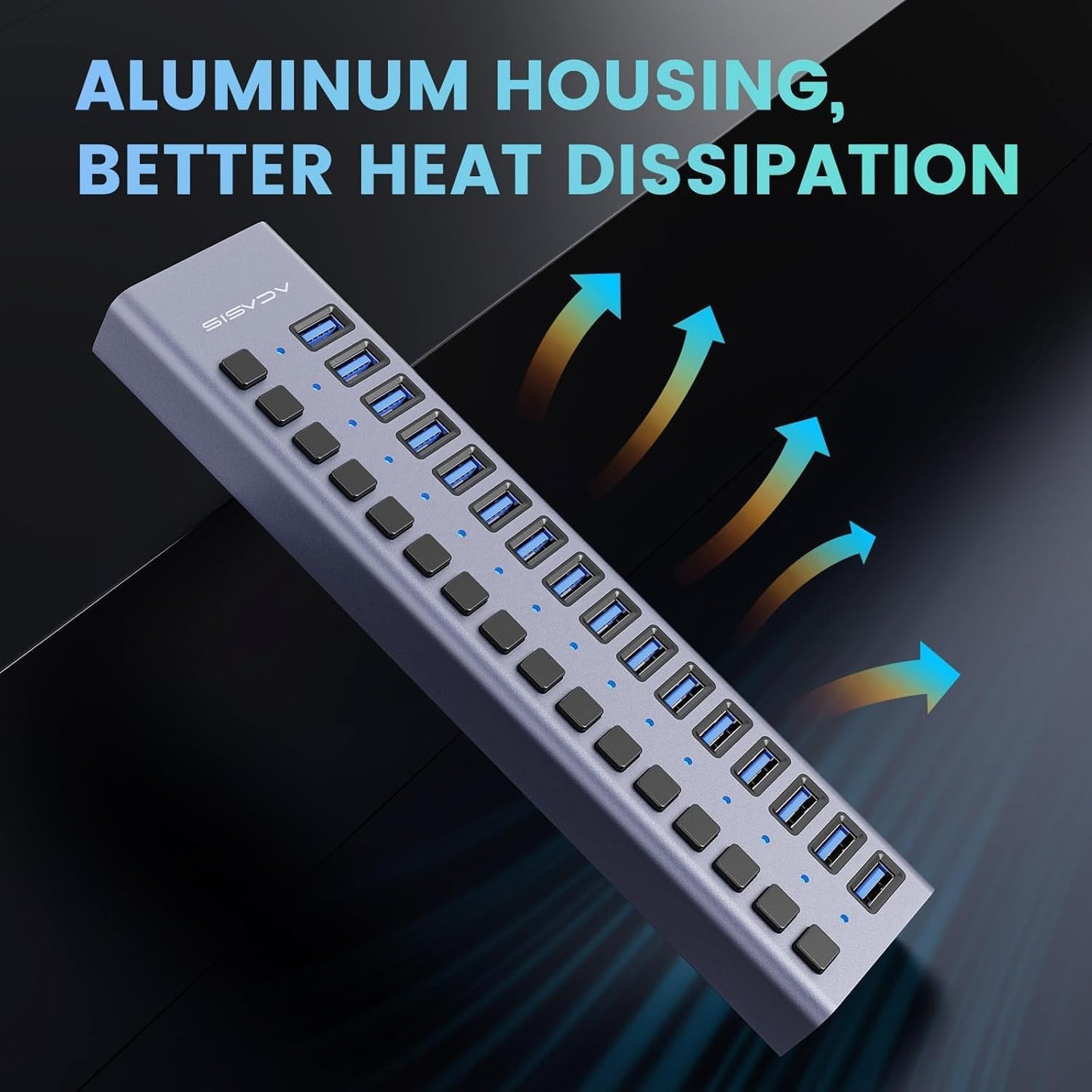 90W Powered USB Hub - ACASIS 16 Ports USB 3.0 Data Port, Aluminum Housing, Individual On/Off Switches, 12V/7.5A Power Adapter, USB Splitter for Laptop, PC, Computer, Printer