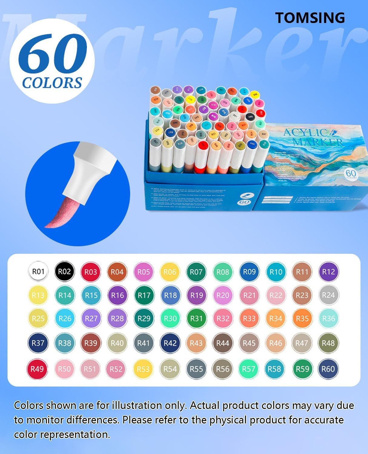 60 Brush Markers Pens,Water-based Ink and Quick-Drying,Painting Supplies Perfect for Plastic Sheets Fabric Bags Ceramics Stone Pottery Wood and Handmade Crafts（60 Colors）