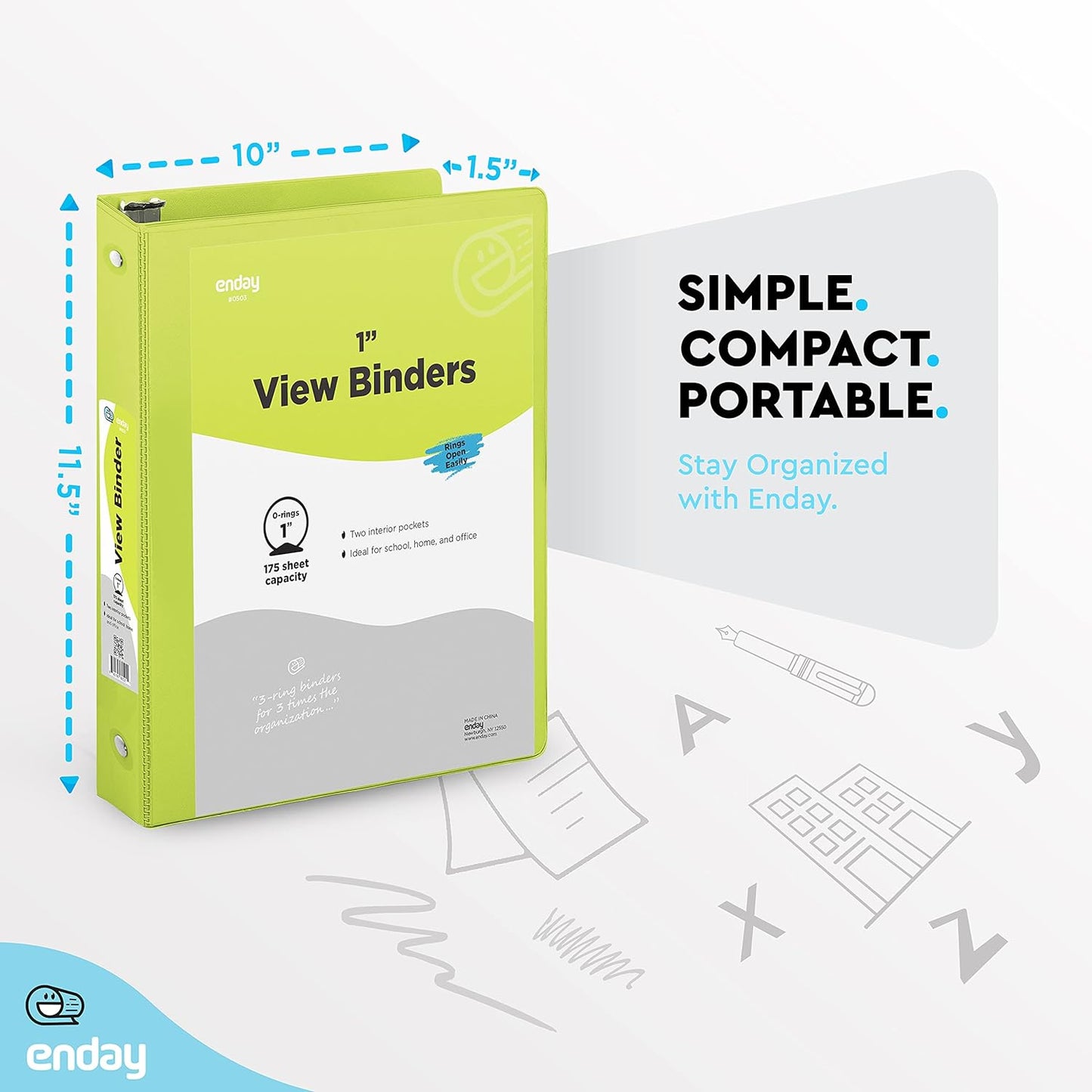 3 Ring Binder Green, 1 Inch, 1” Clear View Cover with 2 Inside Pockets Round Ring Binder, Colored School Supplies Binders, Also Available in Pink, Blue, Purple, Grey, and Red (6 PC) – by Enday