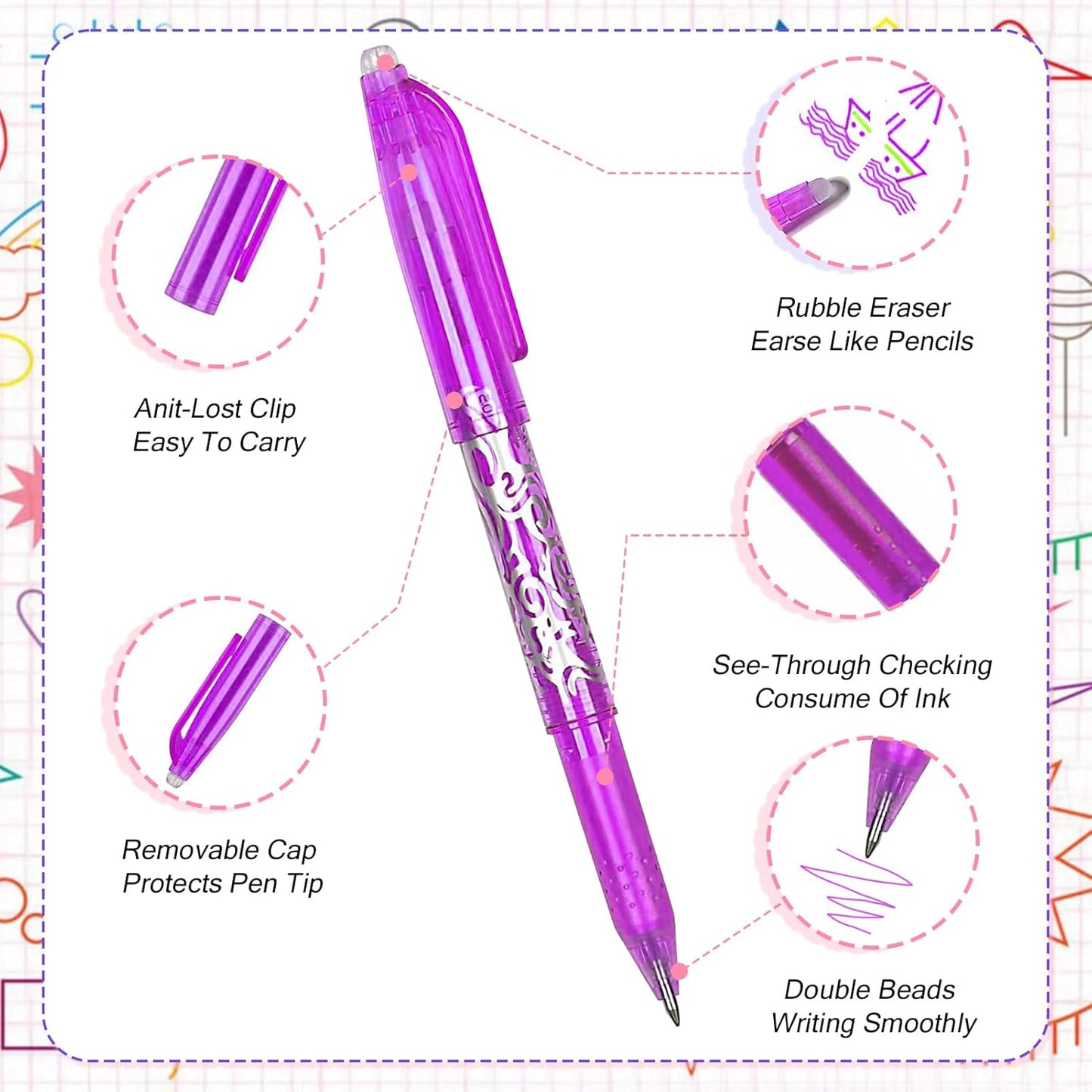 Erasable Gel Pens Multicolor – 12 Pack Smooth Writing Colorful Erasable Pens 0.5mm Fine Tip Quick-Dry Gel Ink Clean Erasing Erasable Marker Pens for Kids Students Adults School
